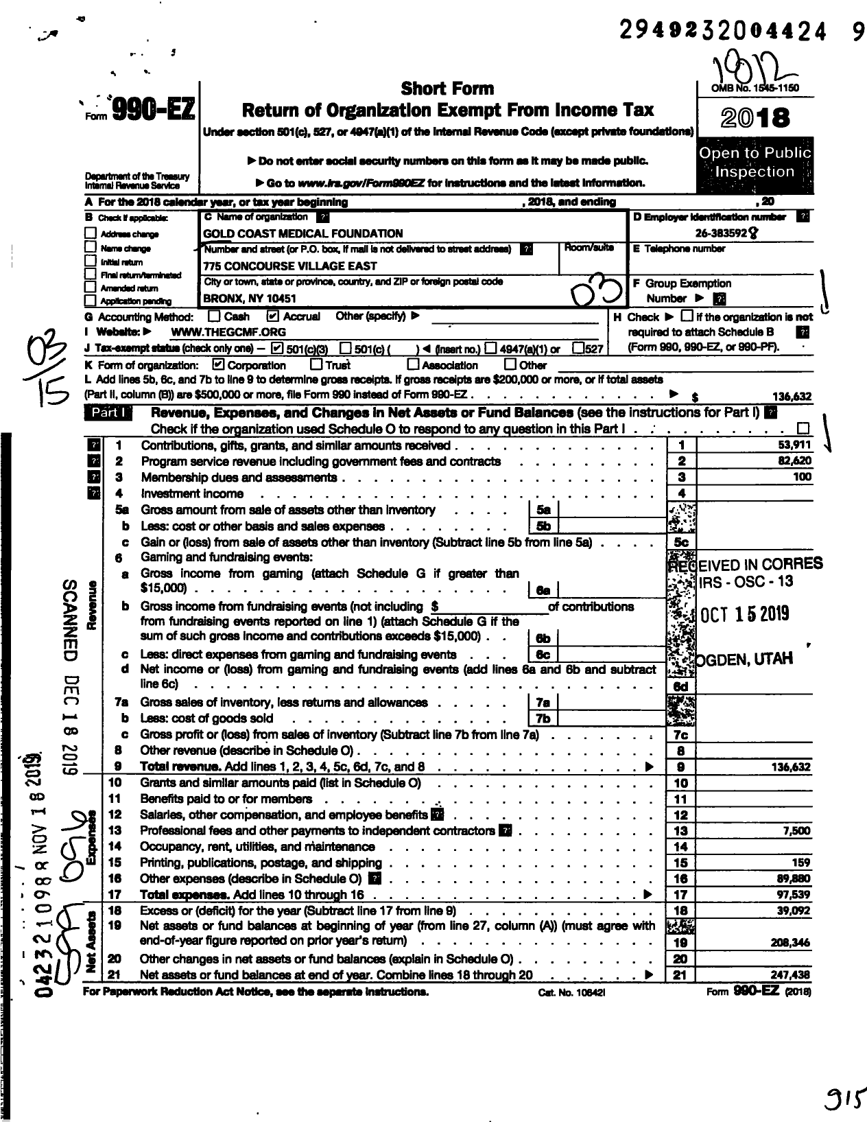 Image of first page of 2018 Form 990EZ for Gold Coast Medical Foundation