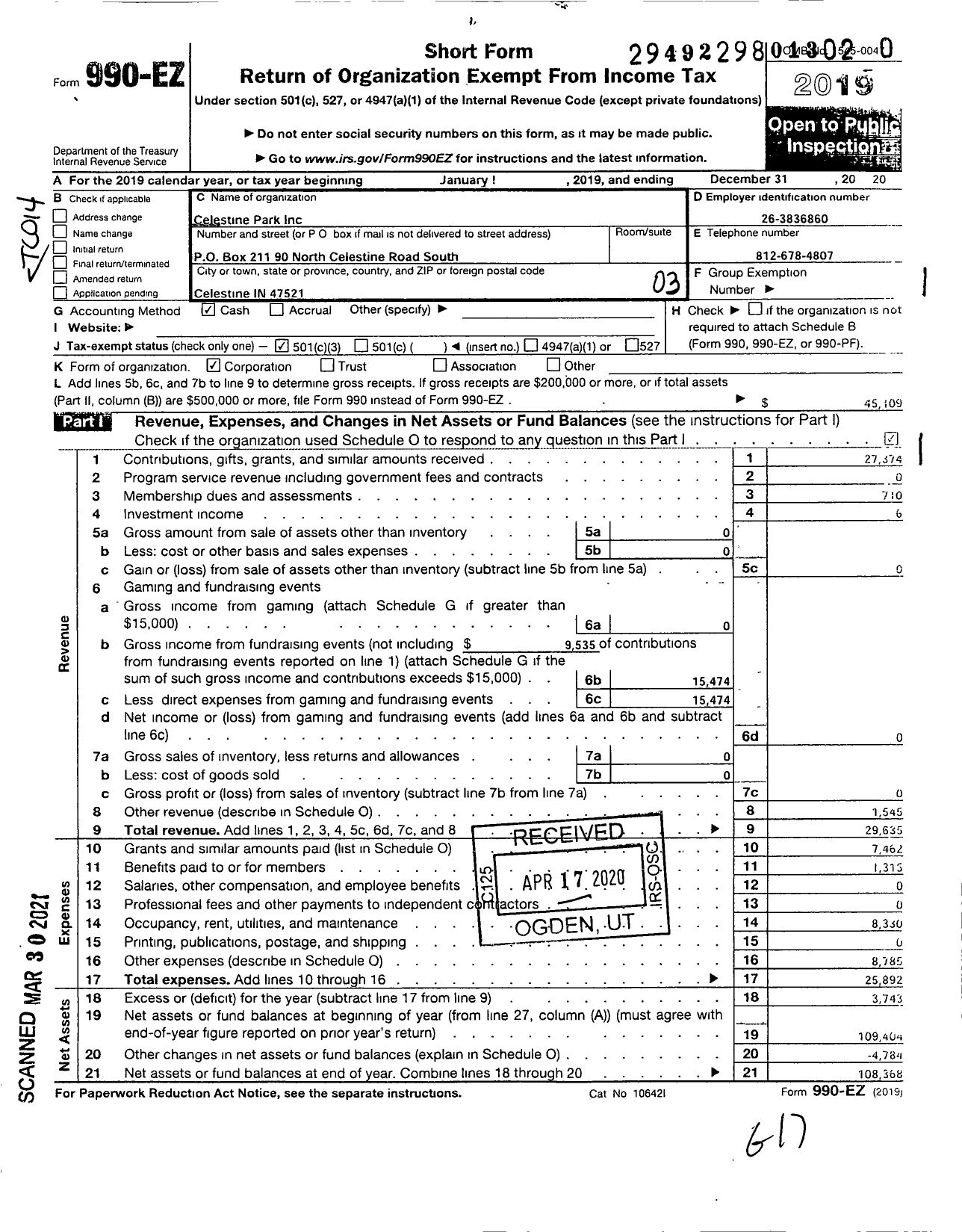 Image of first page of 2020 Form 990EZ for Celestine Park