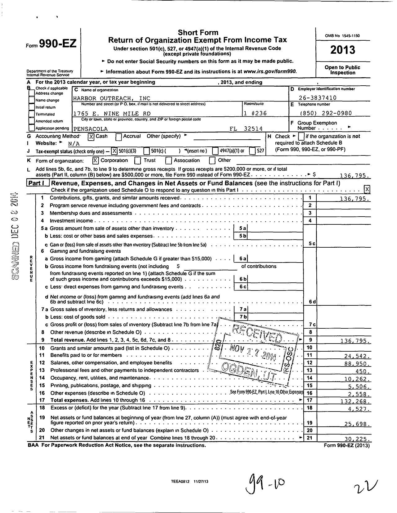 Image of first page of 2013 Form 990EZ for Harbor Outreach