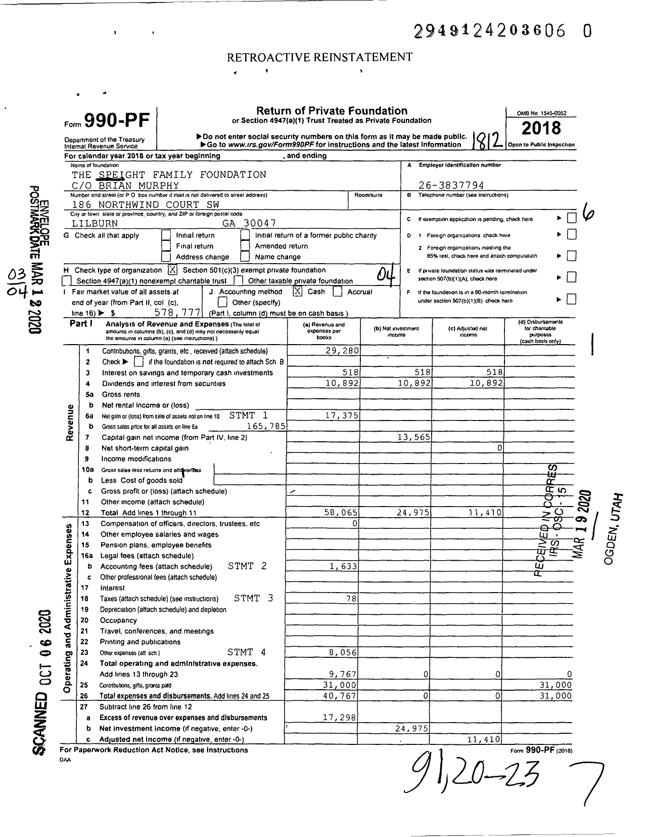 Image of first page of 2018 Form 990PR for The Speight Family Foundation