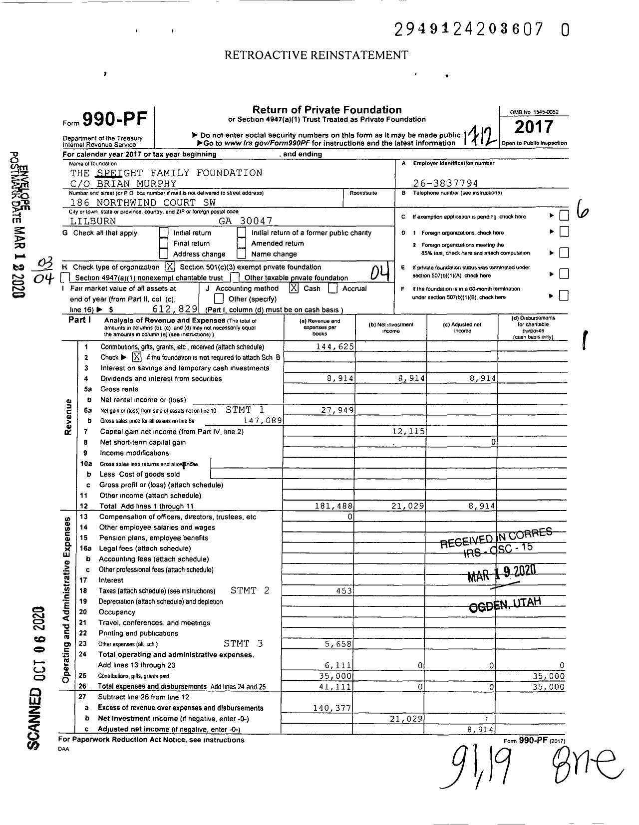 Image of first page of 2017 Form 990PR for The Speight Family Foundation