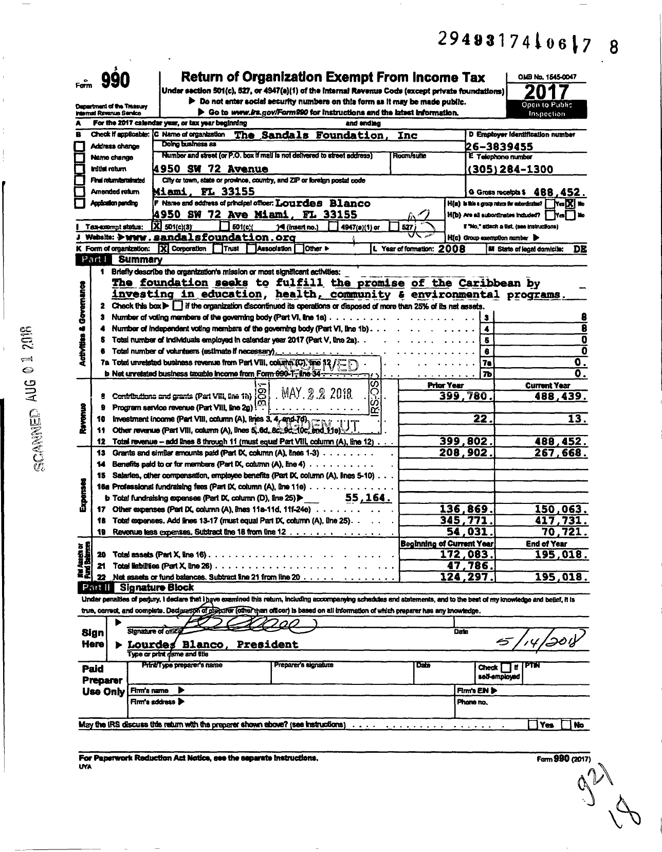 Image of first page of 2017 Form 990 for Sandals Foundation