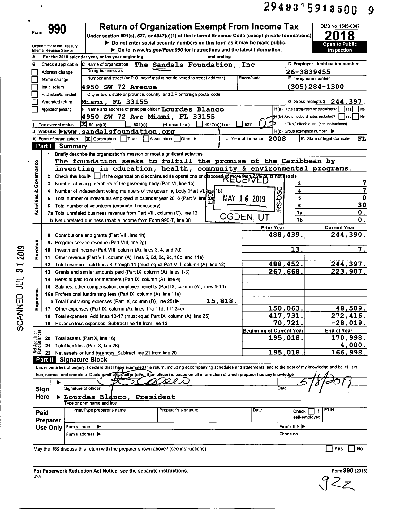 Image of first page of 2018 Form 990 for Sandals Foundation
