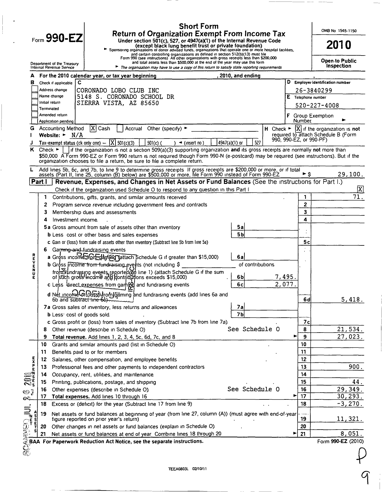 Image of first page of 2010 Form 990EZ for Coronado Lobo Club