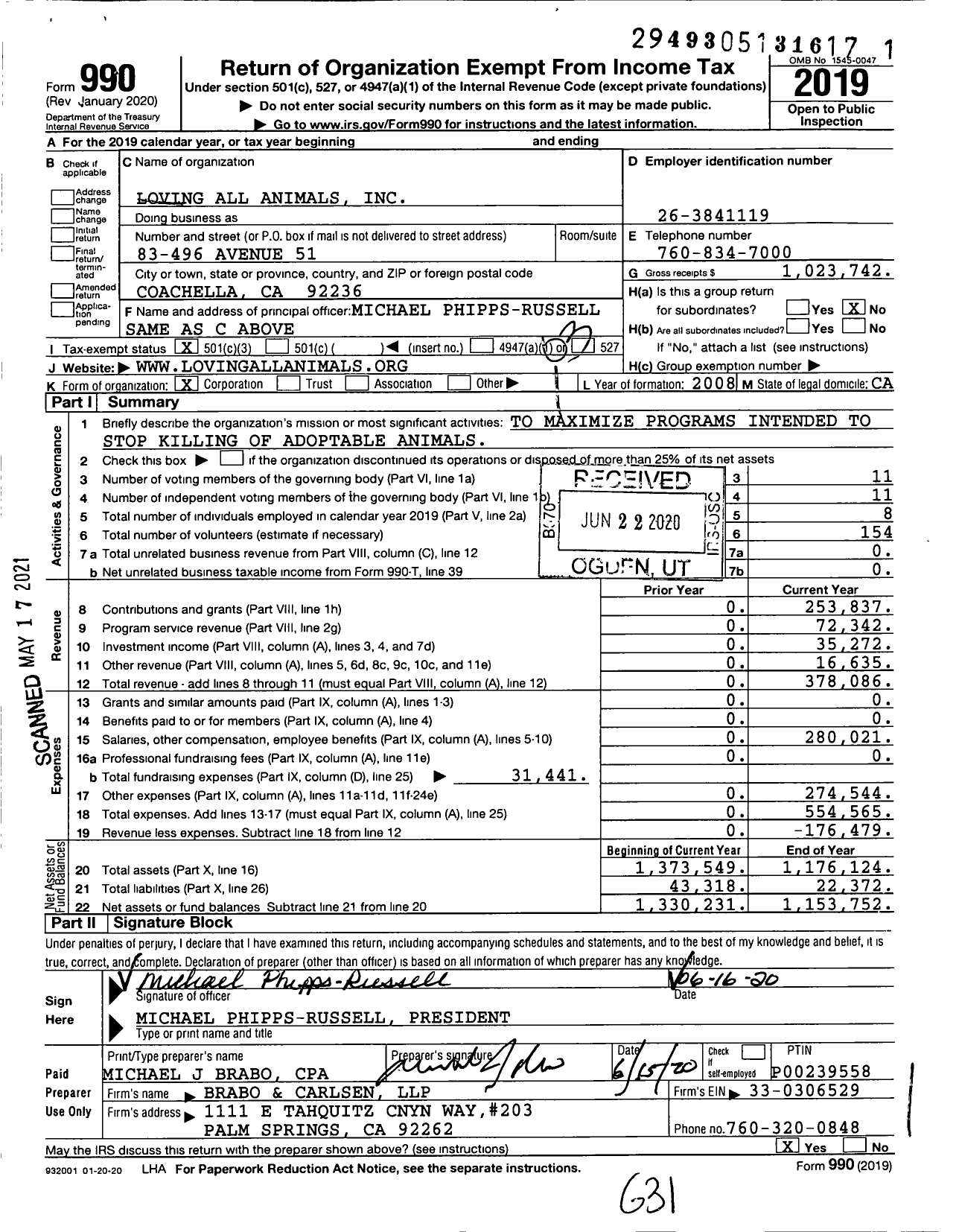 Image of first page of 2019 Form 990 for Loving All Animals