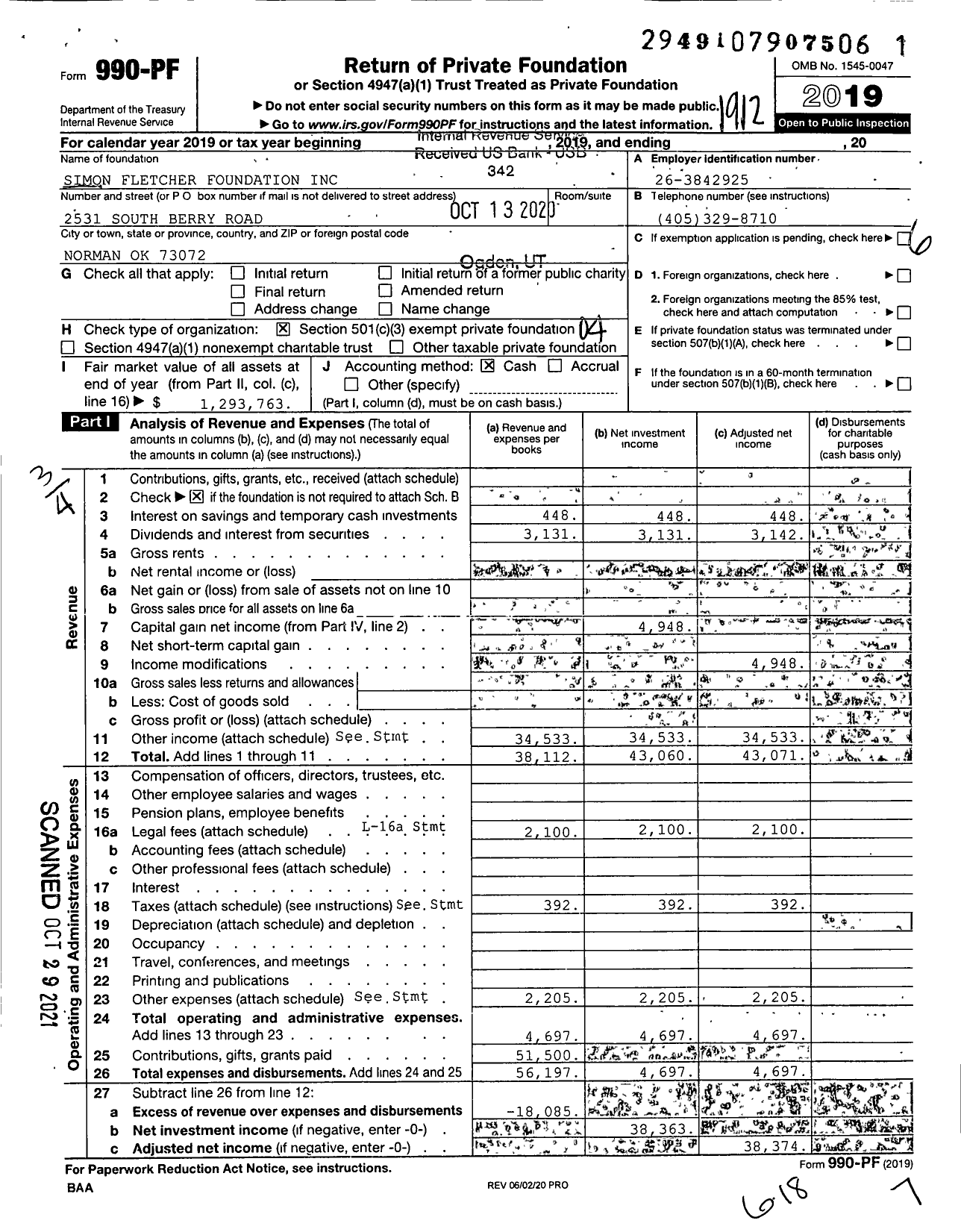Image of first page of 2019 Form 990PF for Simon Fletcher Foundation
