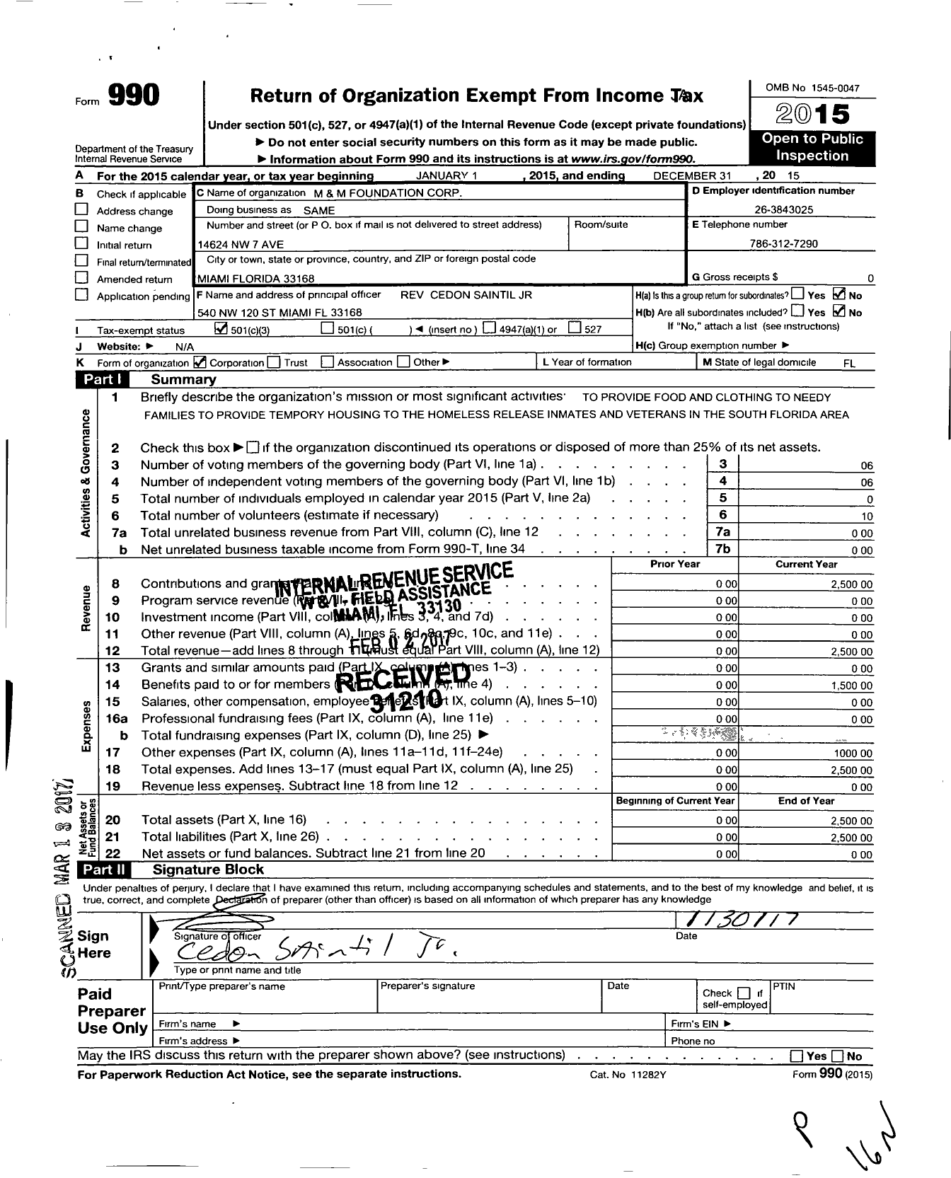 Image of first page of 2015 Form 990 for M and M Foundation Corporation