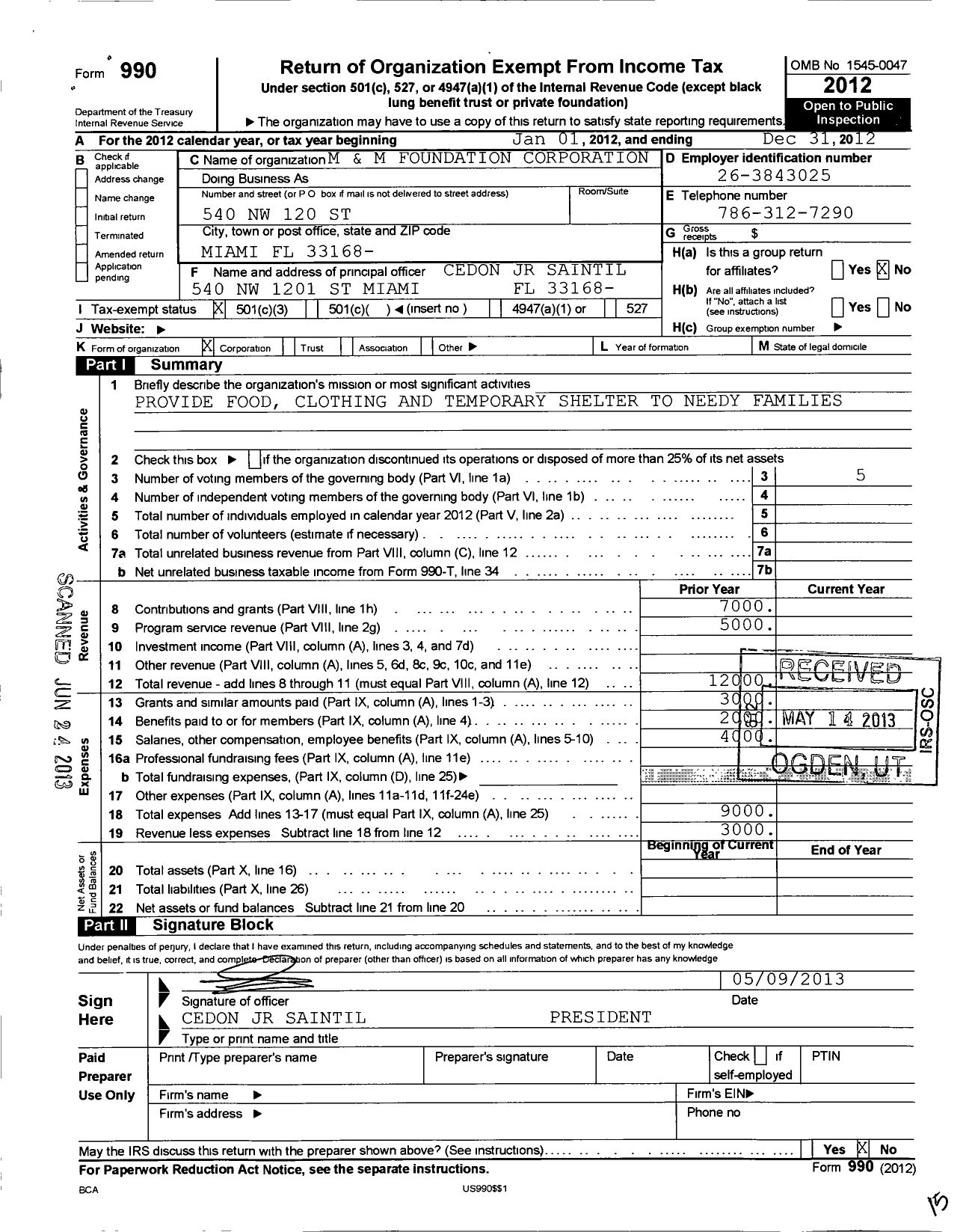 Image of first page of 2012 Form 990 for M and M Foundation Corporation