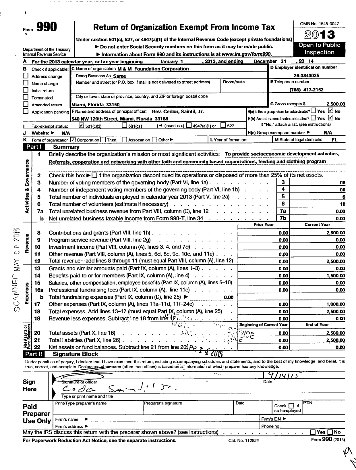 Image of first page of 2014 Form 990 for M and M Foundation Corporation