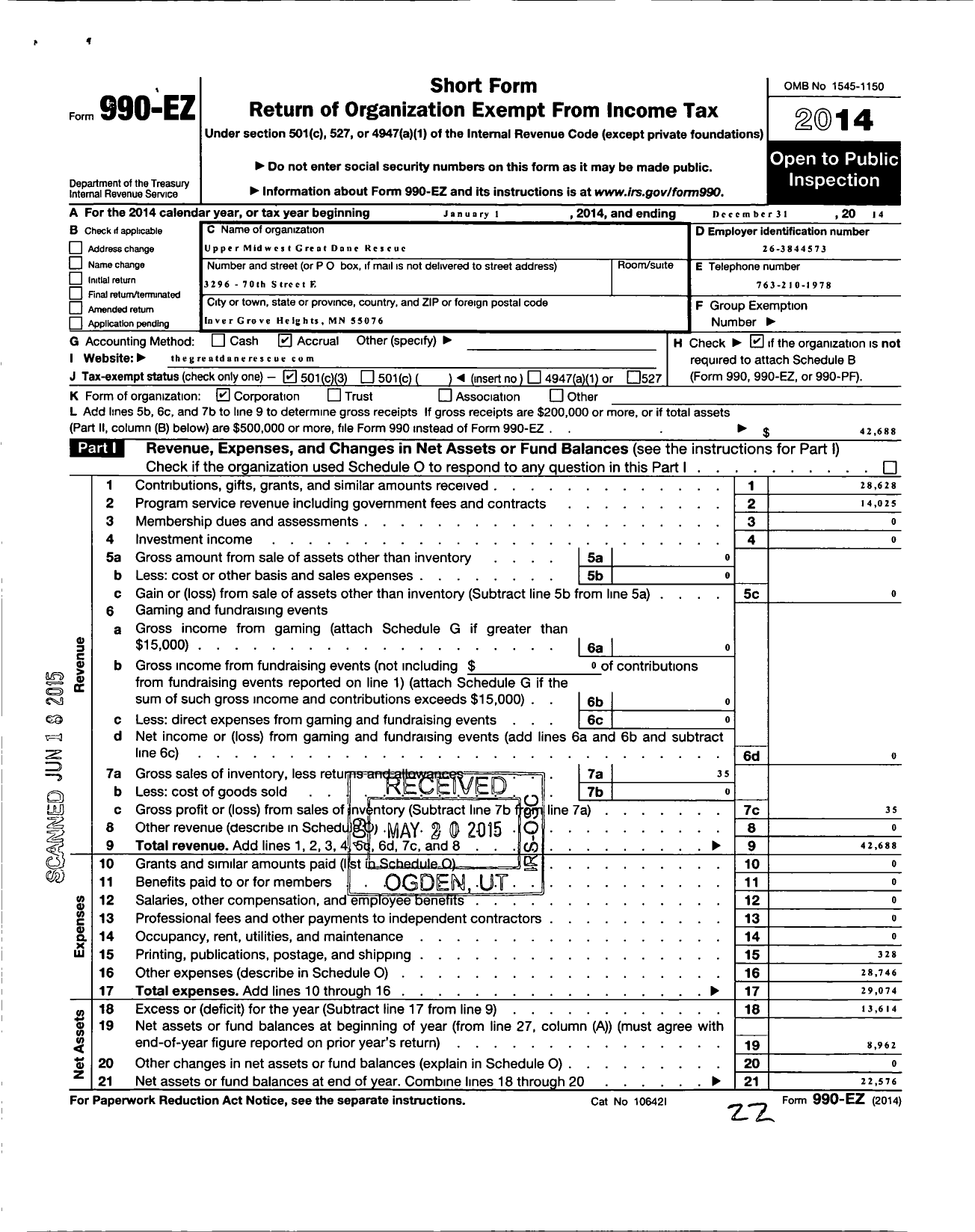 Image of first page of 2014 Form 990EZ for Upper Midwest Great Dane Rescue