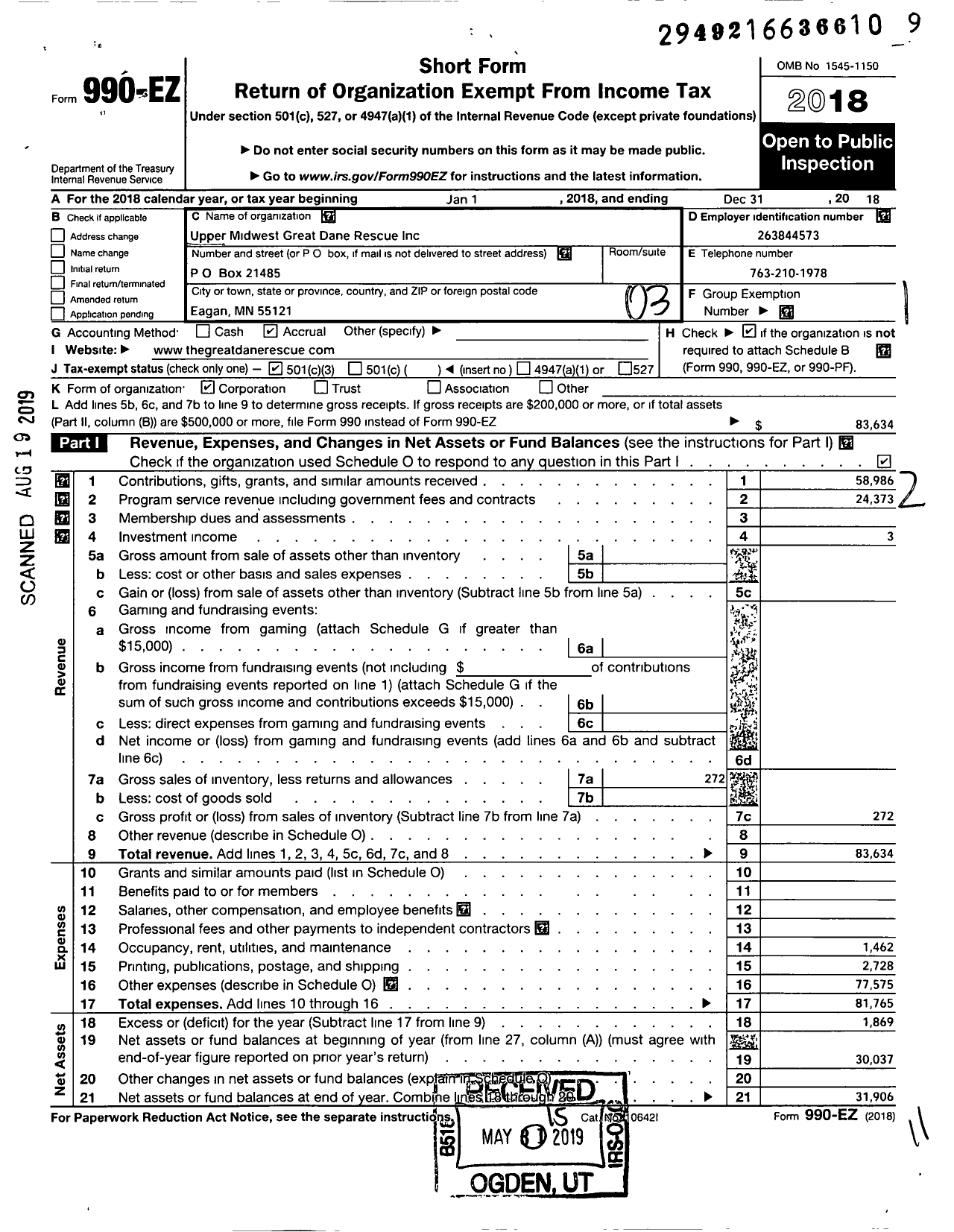 Image of first page of 2018 Form 990EZ for Upper Midwest Great Dane Rescue