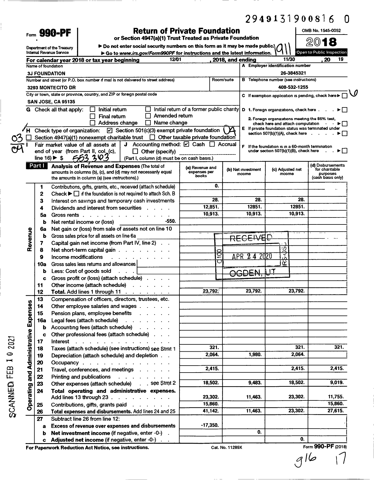 Image of first page of 2018 Form 990PF for 3J Foundation