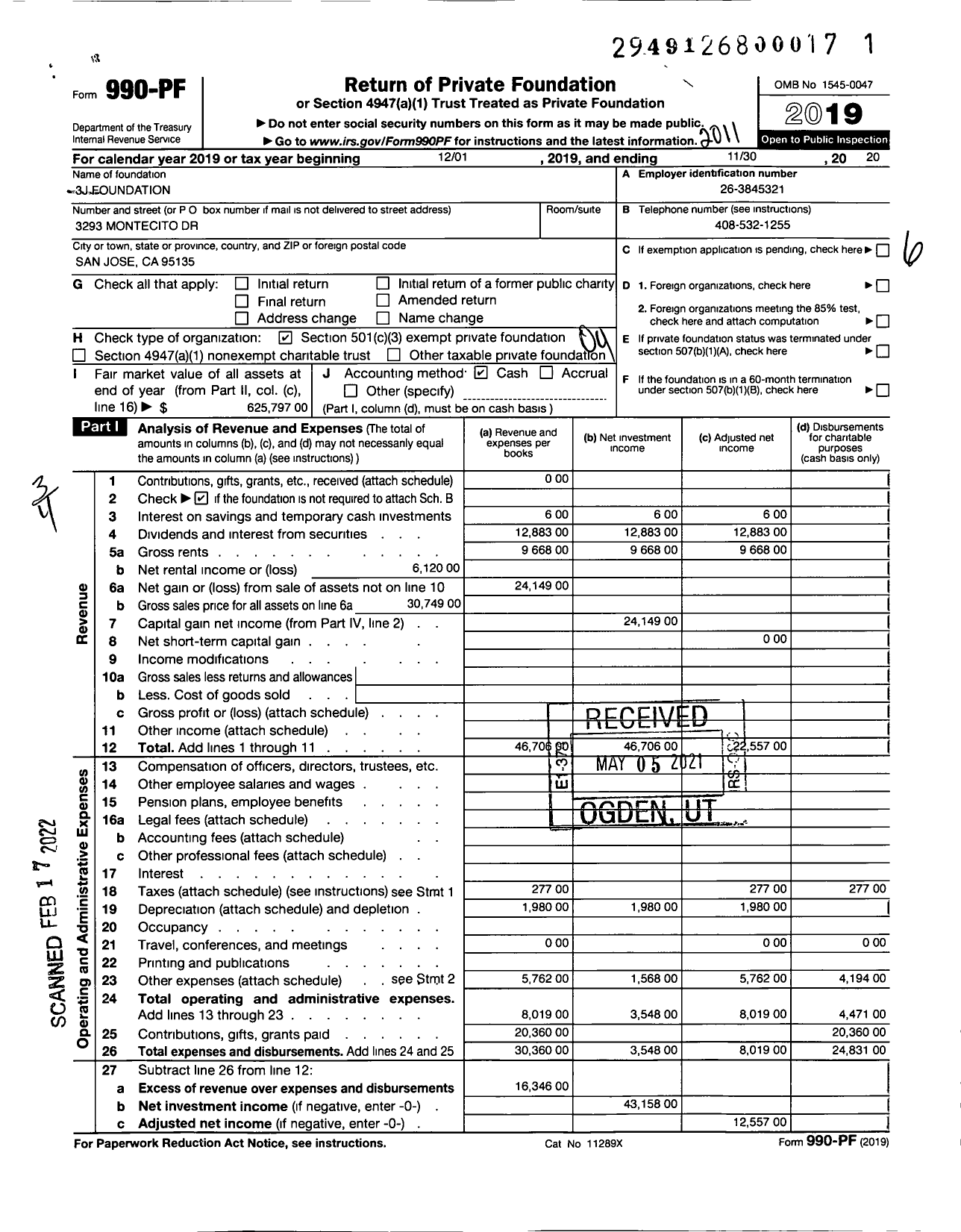 Image of first page of 2019 Form 990PF for 3J Foundation