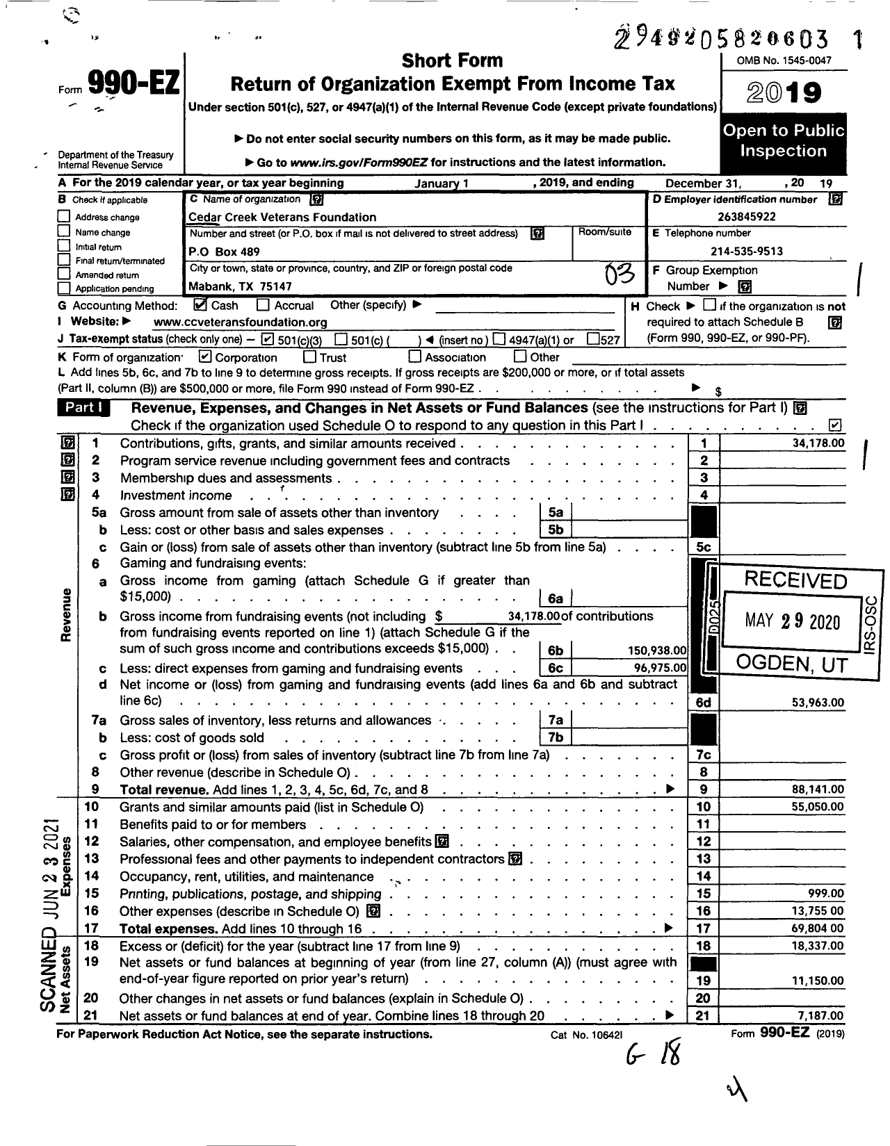 Image of first page of 2019 Form 990EZ for Cedar Creek Veterans Foundation
