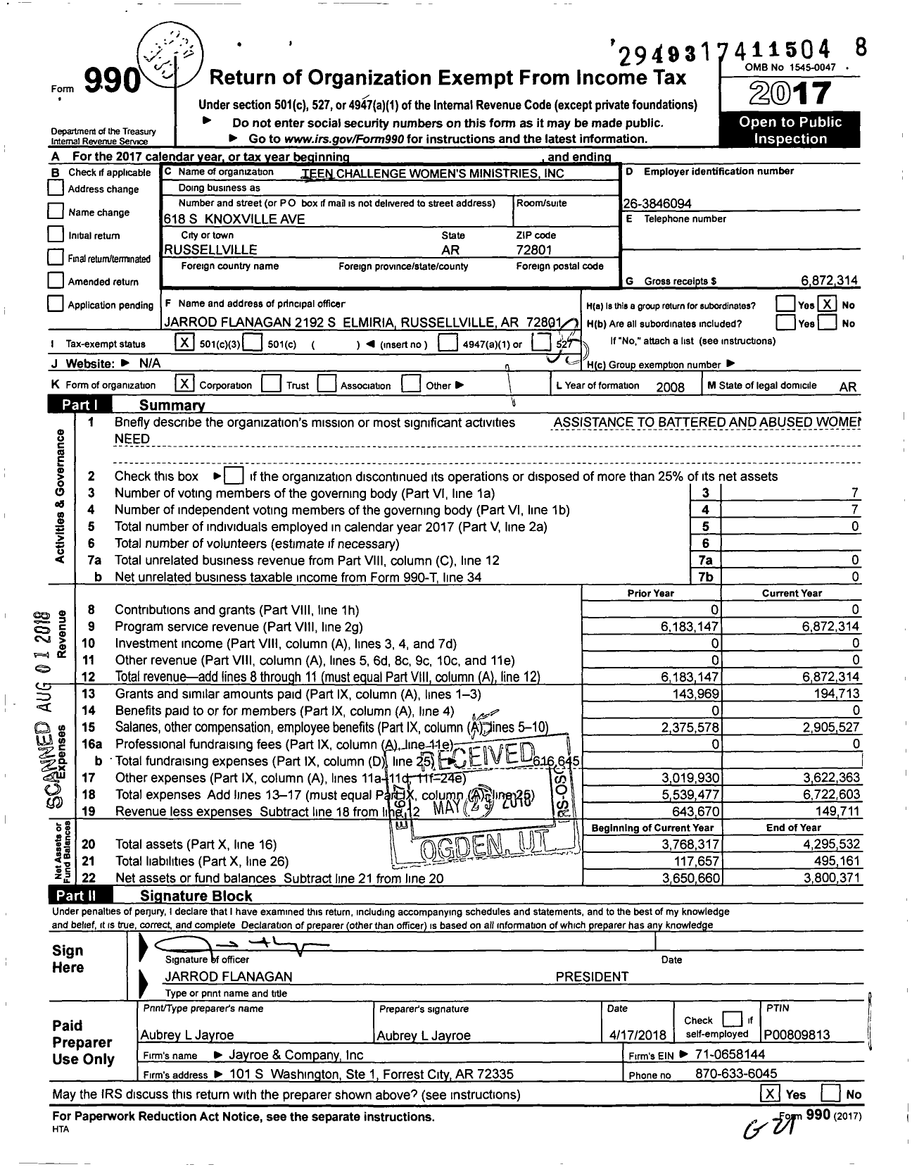 Image of first page of 2017 Form 990 for Adult and Teen Challenge of the Greater South