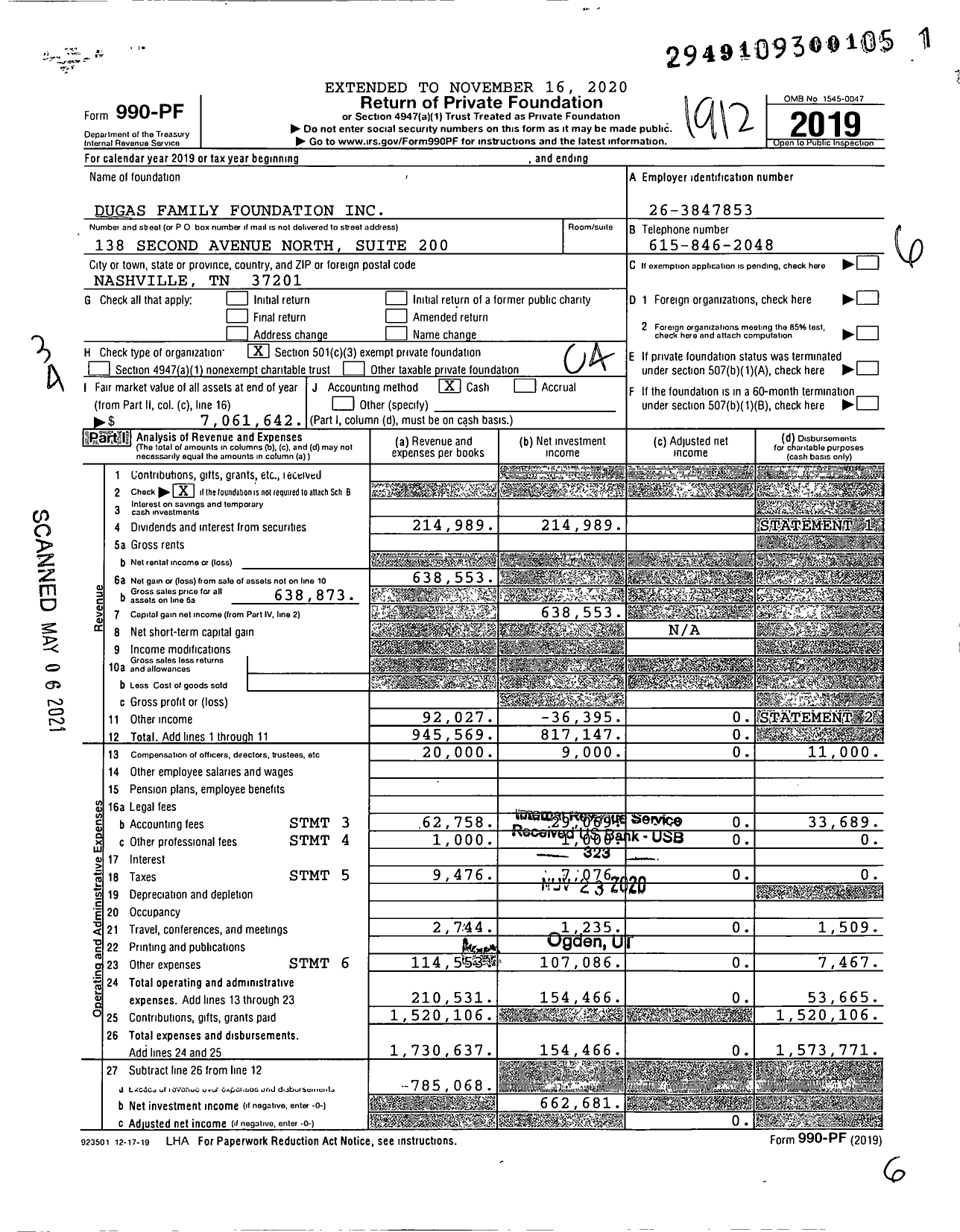 Image of first page of 2019 Form 990PF for Dugas Family Foundation