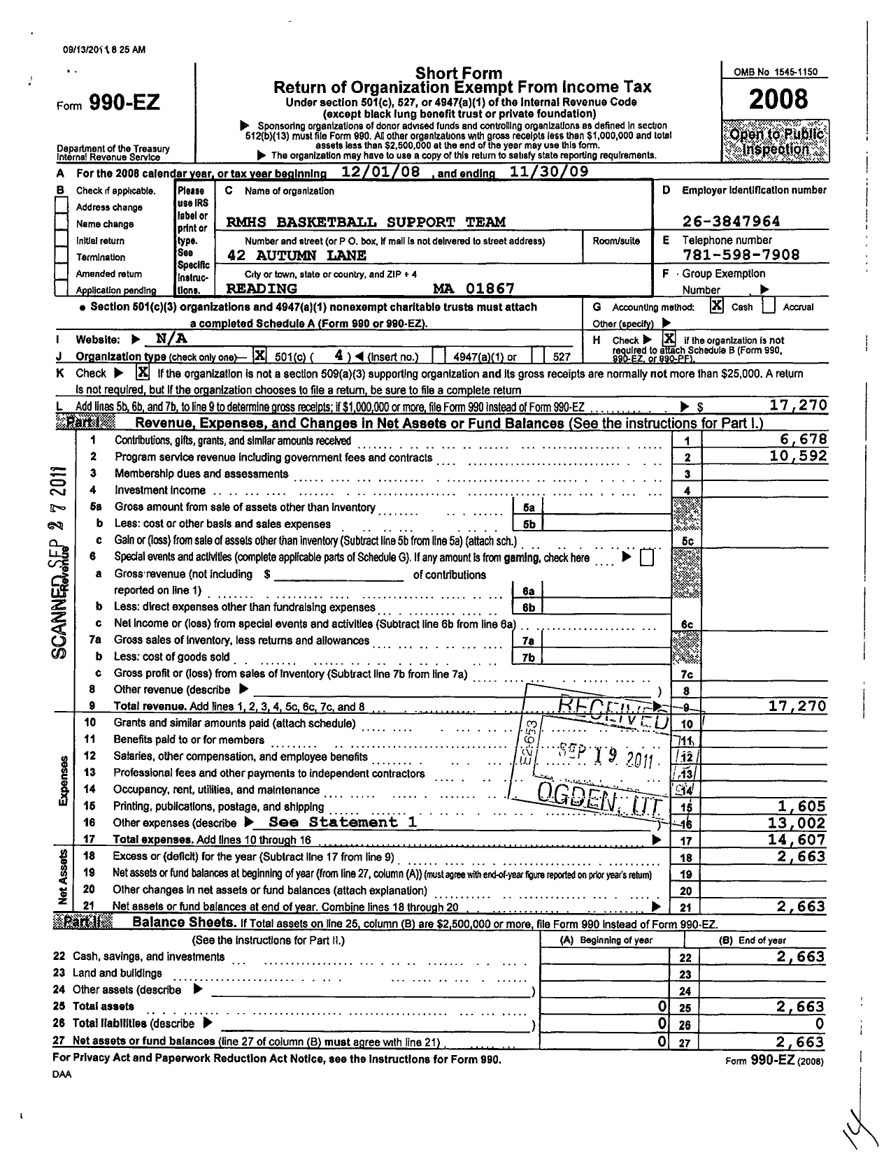 Image of first page of 2008 Form 990EO for RMHS Basketball Support Team