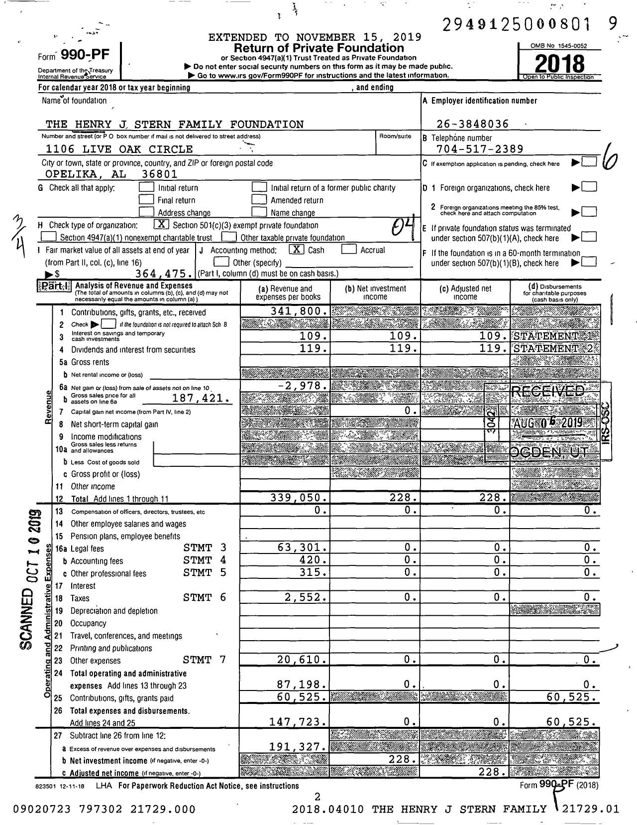 Image of first page of 2018 Form 990PF for The Henry J Stern Family Foundation