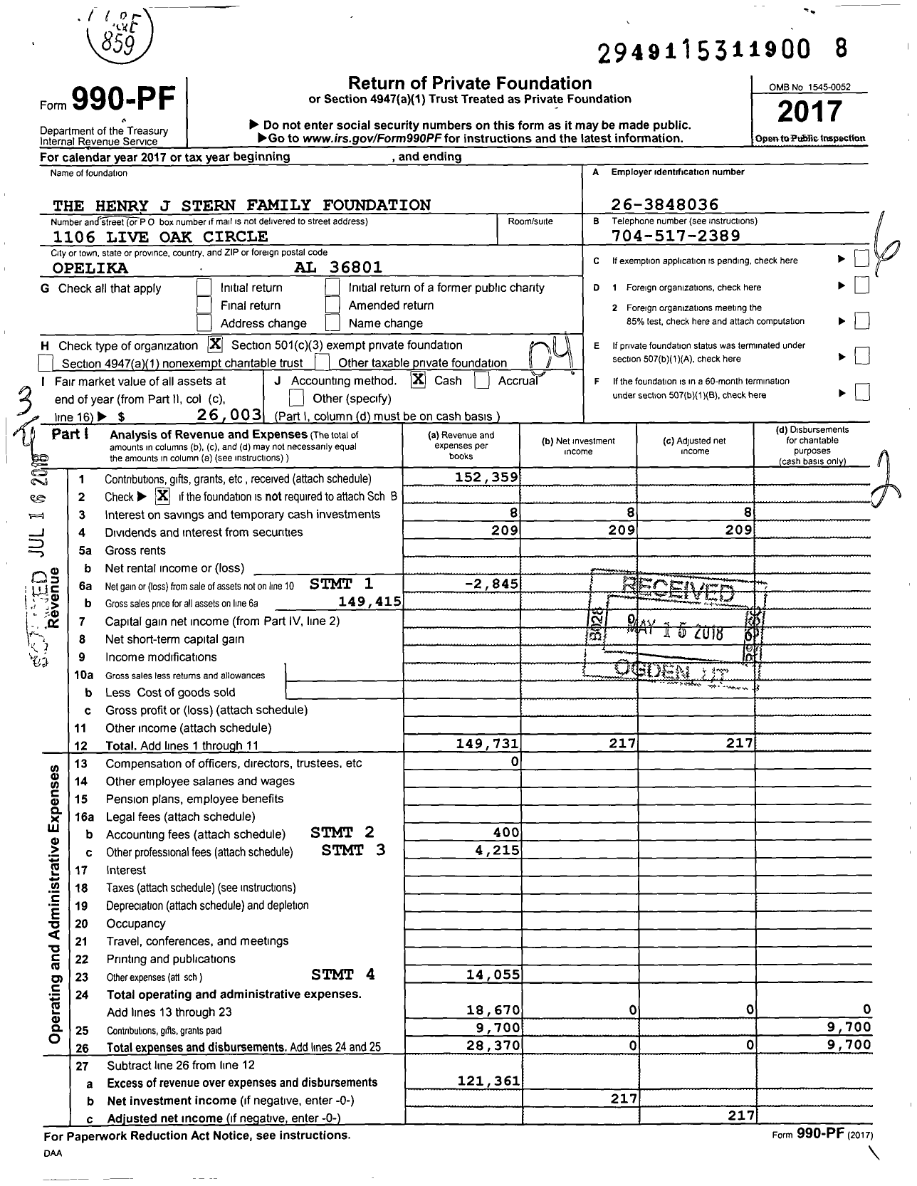 Image of first page of 2017 Form 990PF for The Henry J Stern Family Foundation