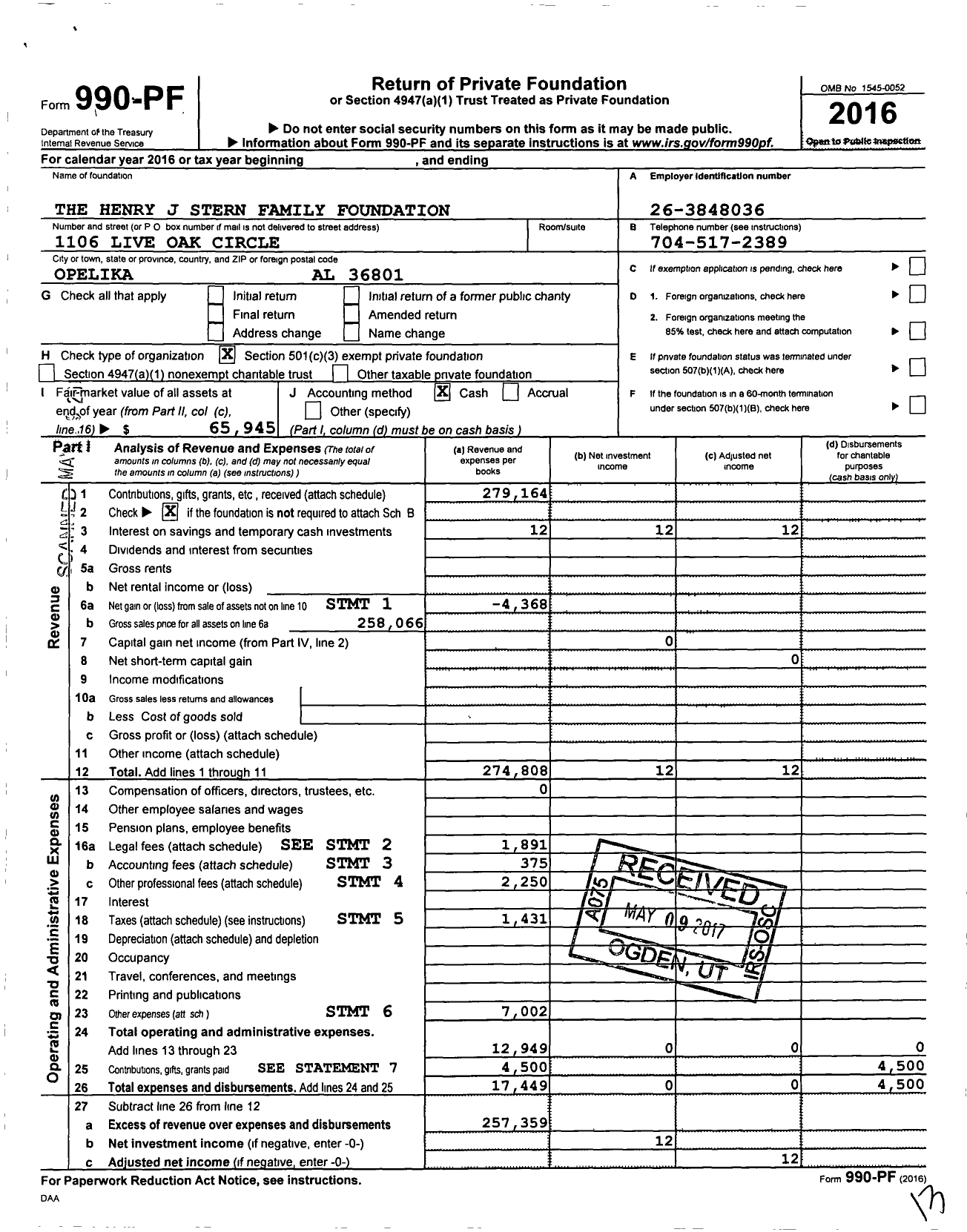 Image of first page of 2016 Form 990PF for The Henry J Stern Family Foundation