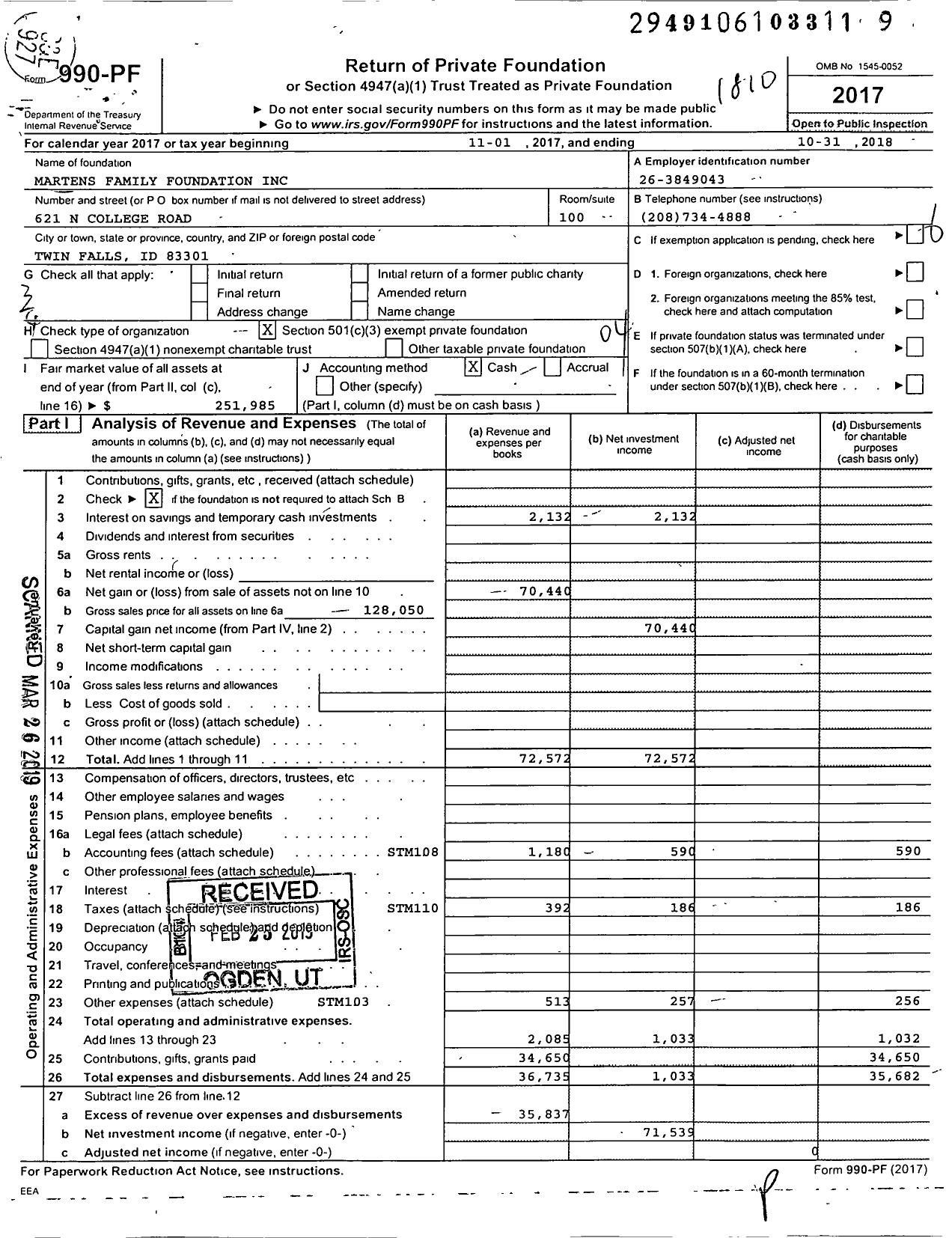 Image of first page of 2017 Form 990PF for Martens Family Foundation