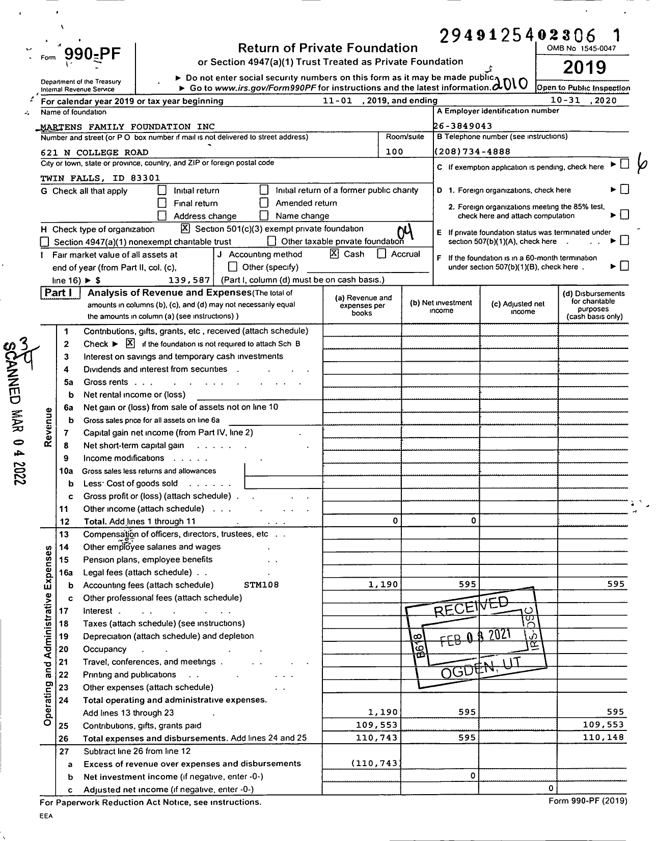 Image of first page of 2019 Form 990PF for Martens Family Foundation