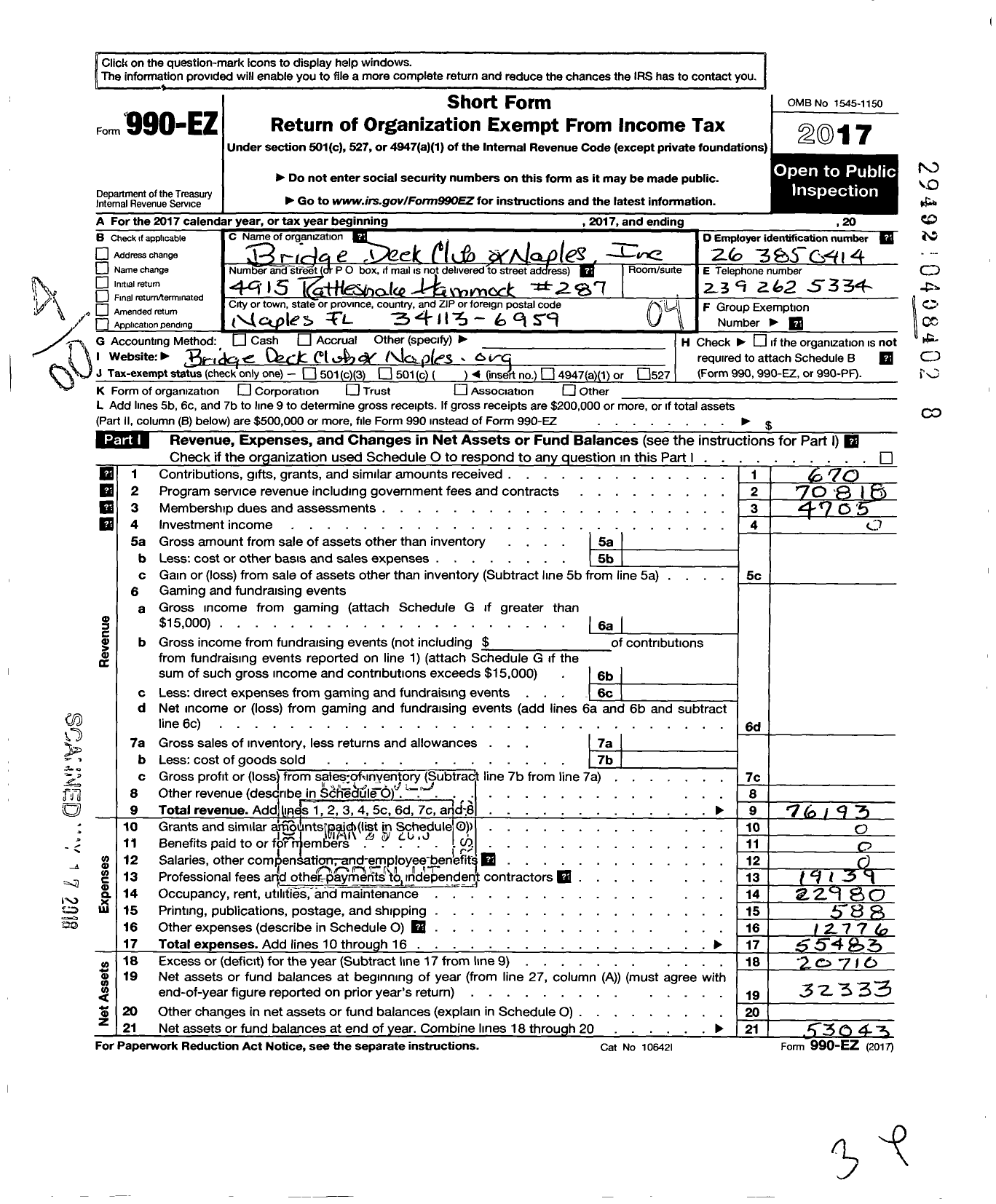 Image of first page of 2017 Form 990EO for Bridge Deck Club of Naples