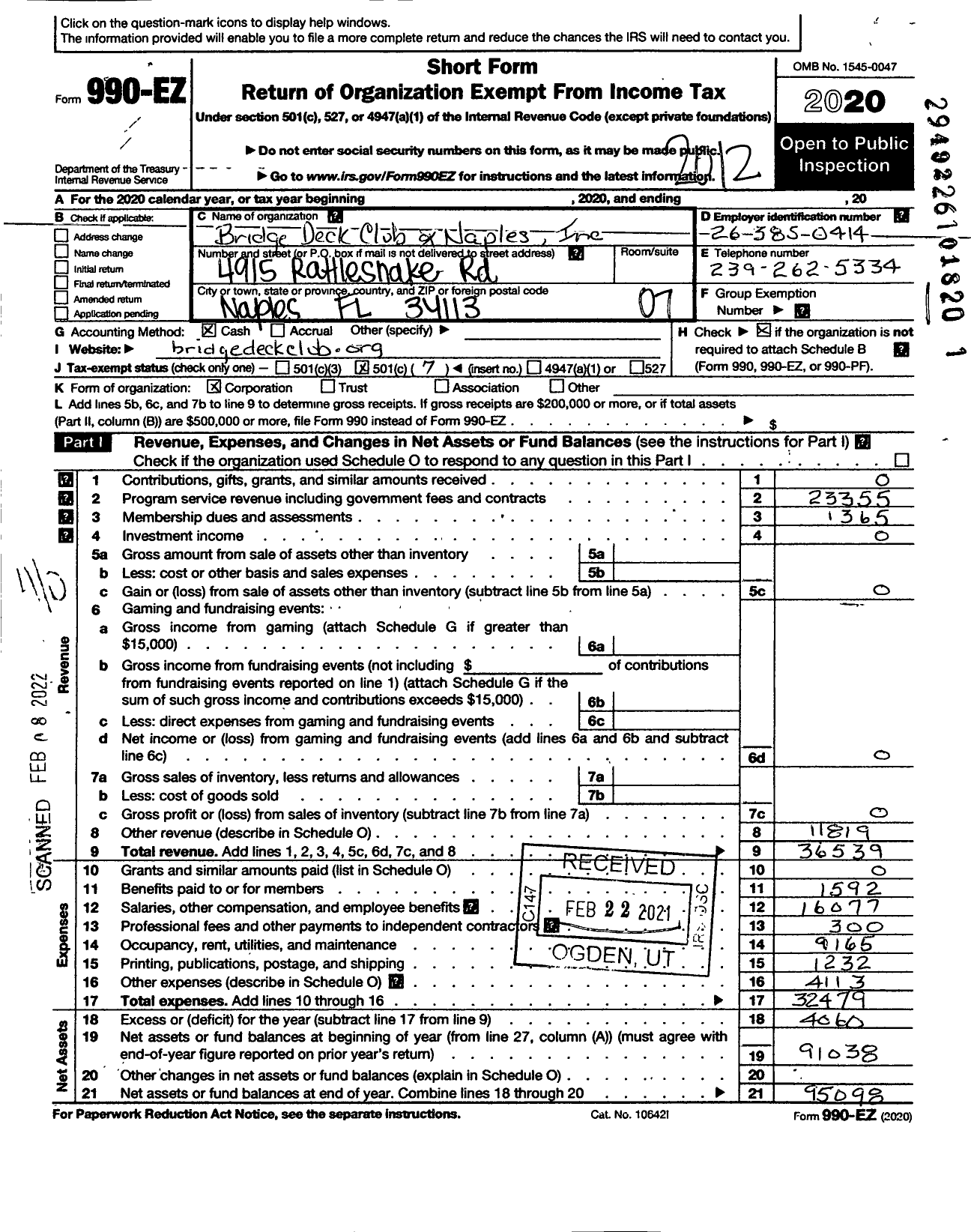 Image of first page of 2020 Form 990EO for Bridge Deck Club of Naples