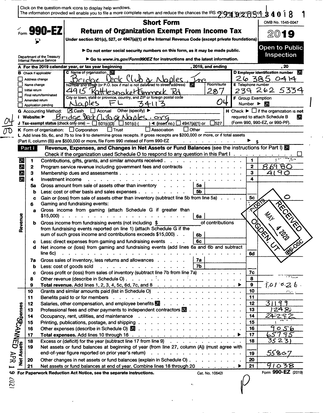 Image of first page of 2019 Form 990EO for Bridge Deck Club of Naples