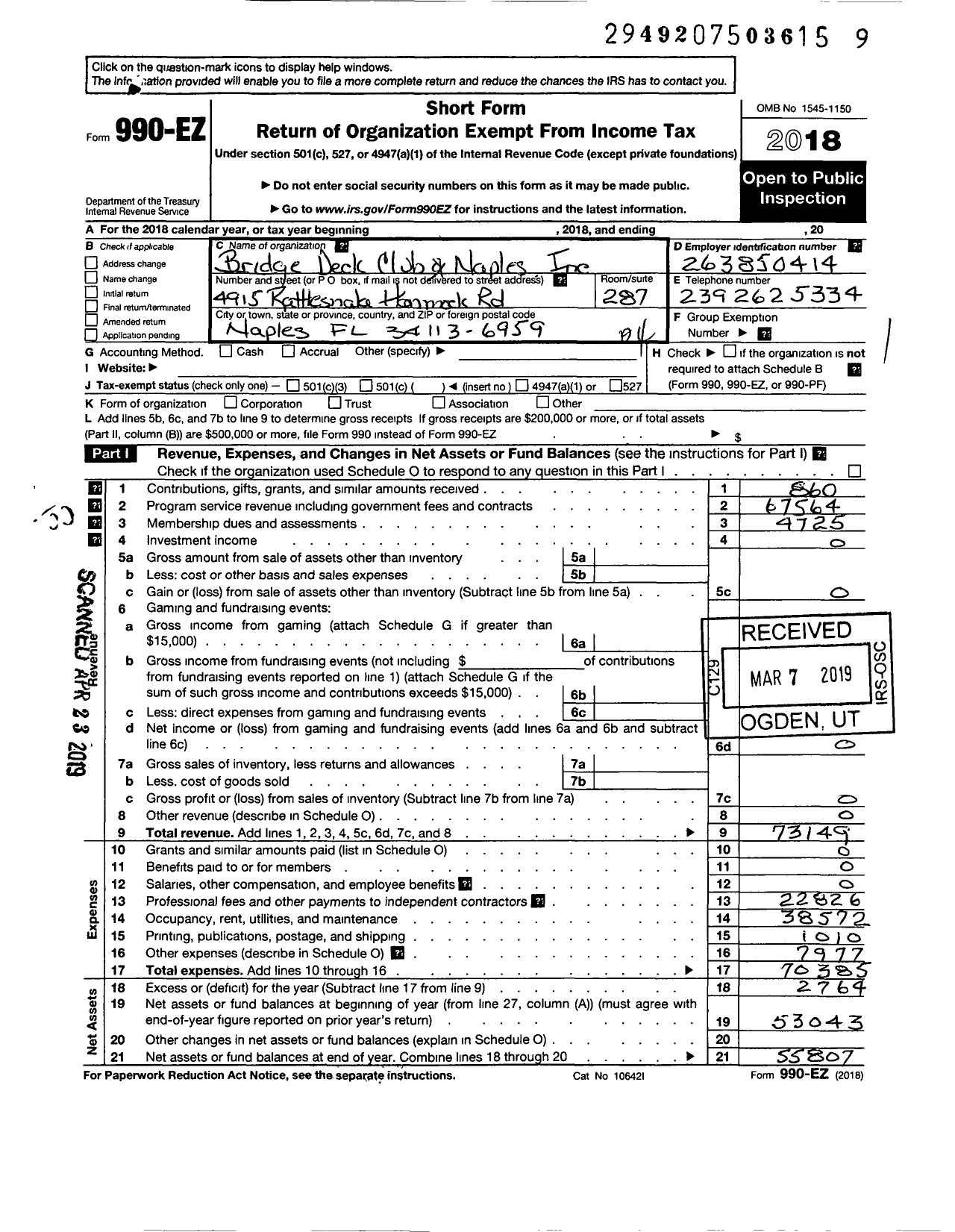 Image of first page of 2018 Form 990EO for Bridge Deck Club of Naples