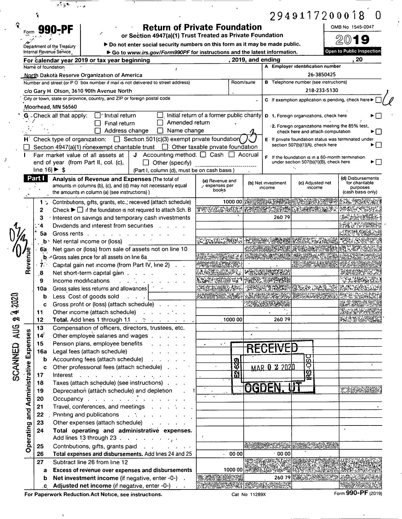 Image of first page of 2019 Form 990PR for North Dakota Reserve Officers Association