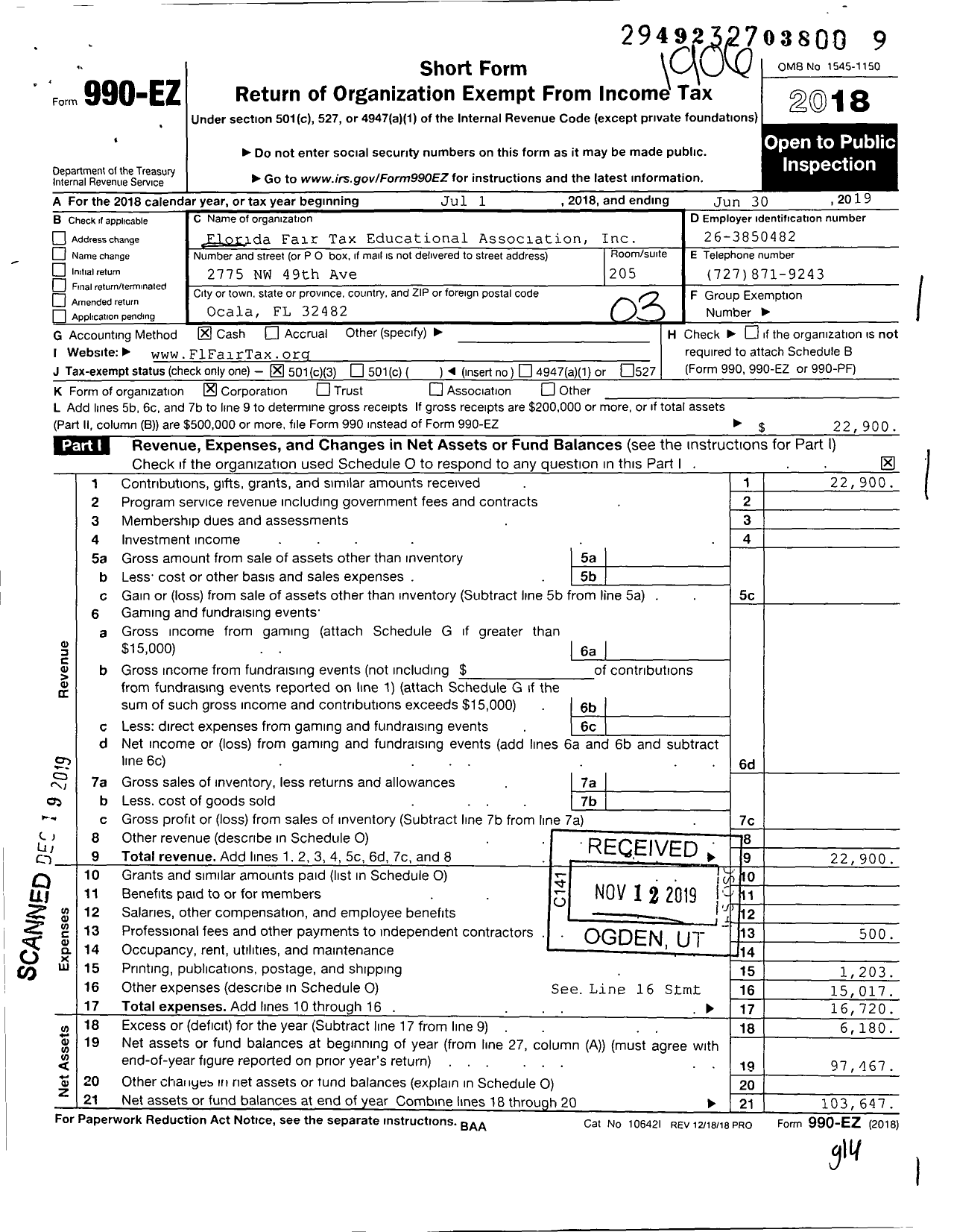 Image of first page of 2018 Form 990EZ for Florida Fairtax Educational Association