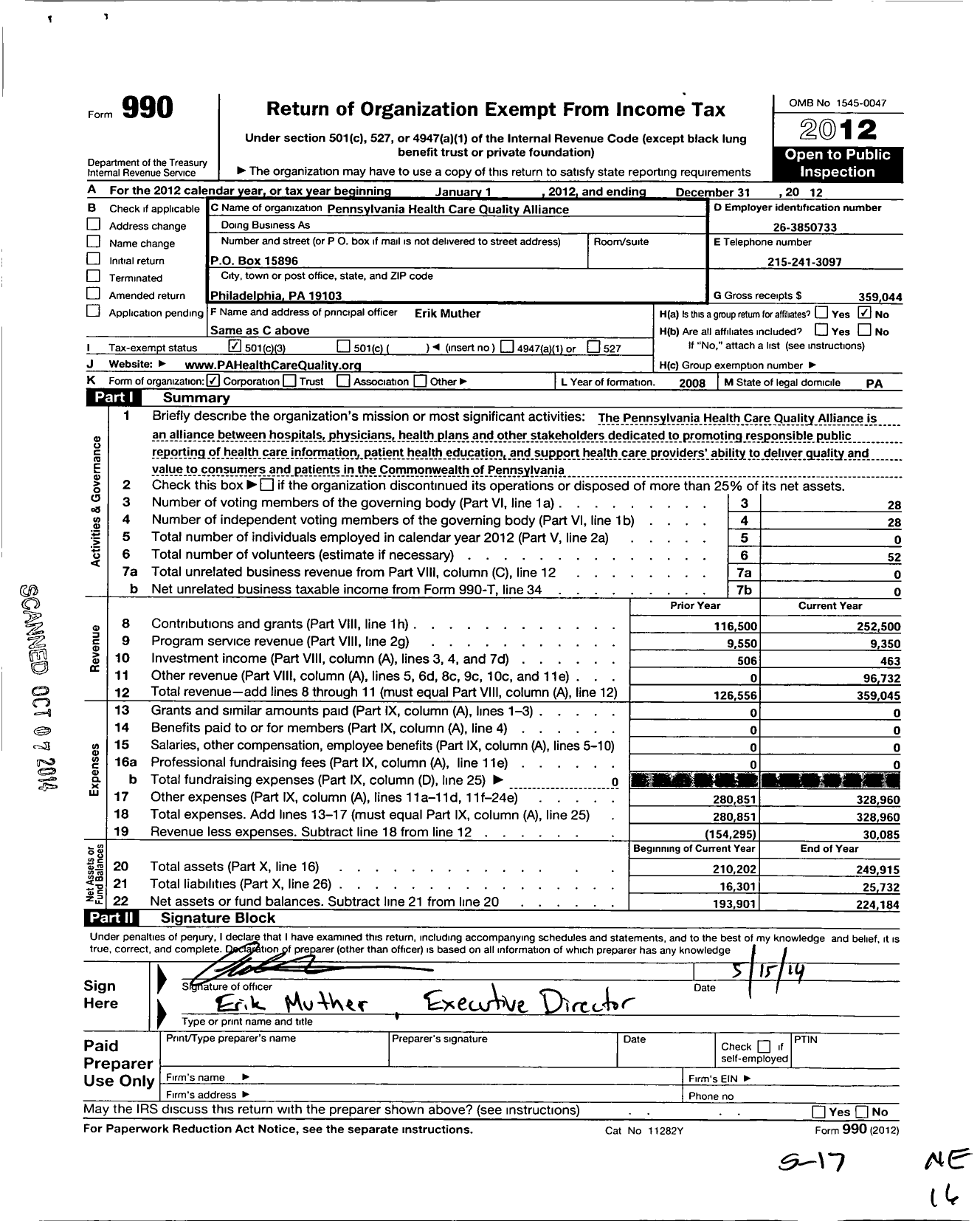 Image of first page of 2012 Form 990 for Pennsylvania Health Care Quality Alliance