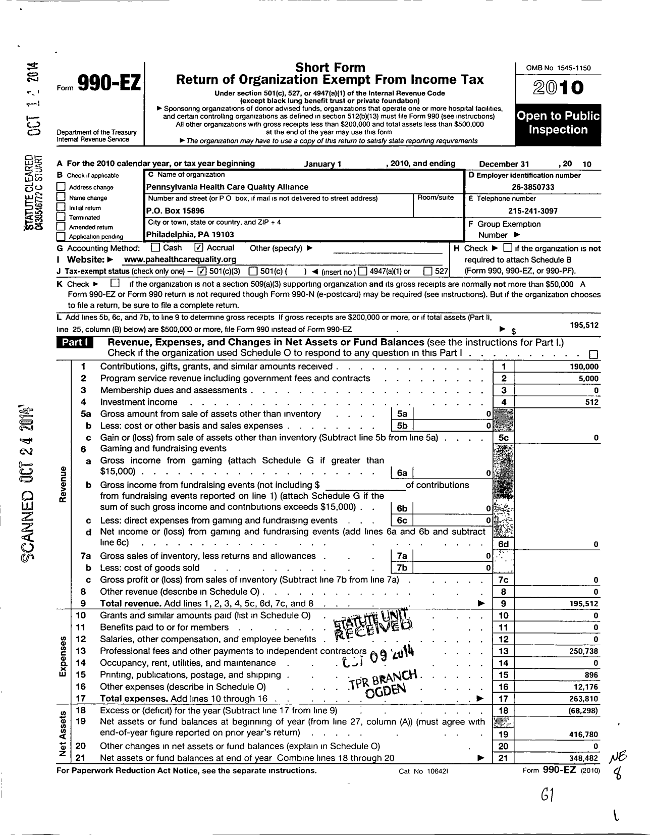 Image of first page of 2010 Form 990EZ for Pennsylvania Health Care Quality Alliance