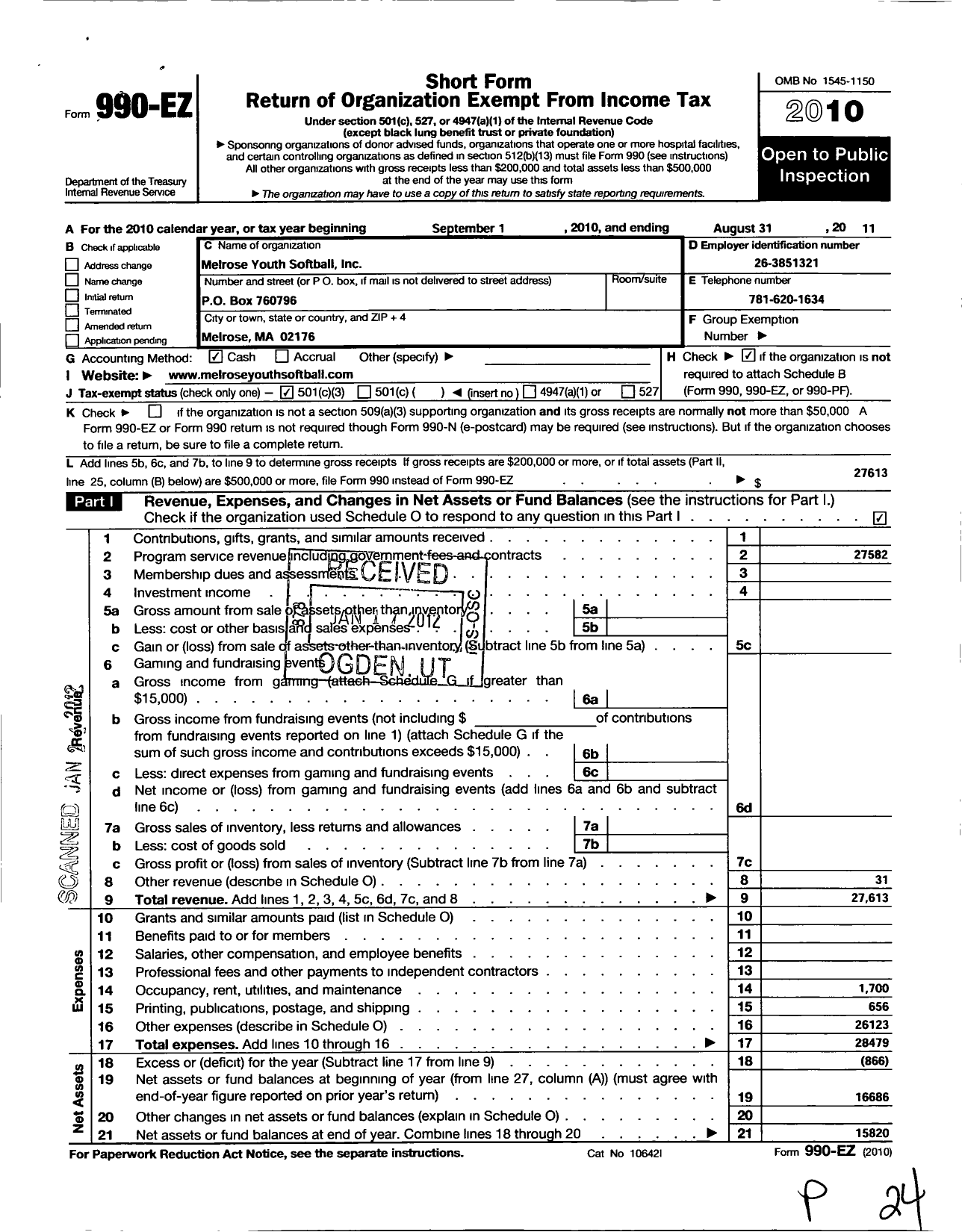 Image of first page of 2010 Form 990EZ for Melrose Youth Softball