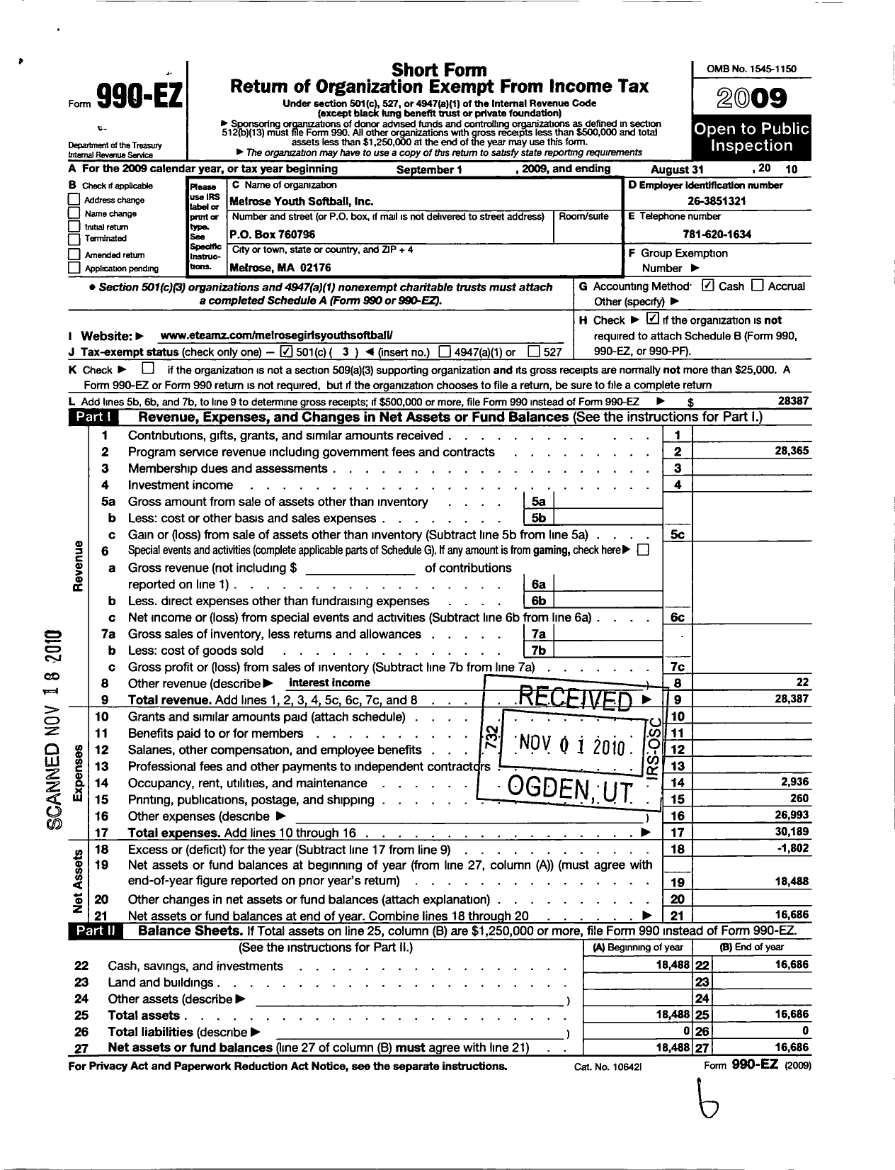 Image of first page of 2009 Form 990EZ for Melrose Youth Softball