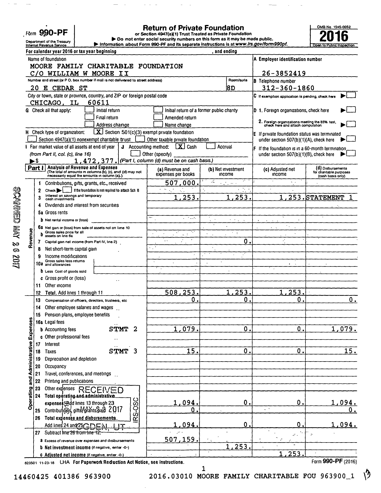 Image of first page of 2016 Form 990PF for Moore Family Charitable Foundation