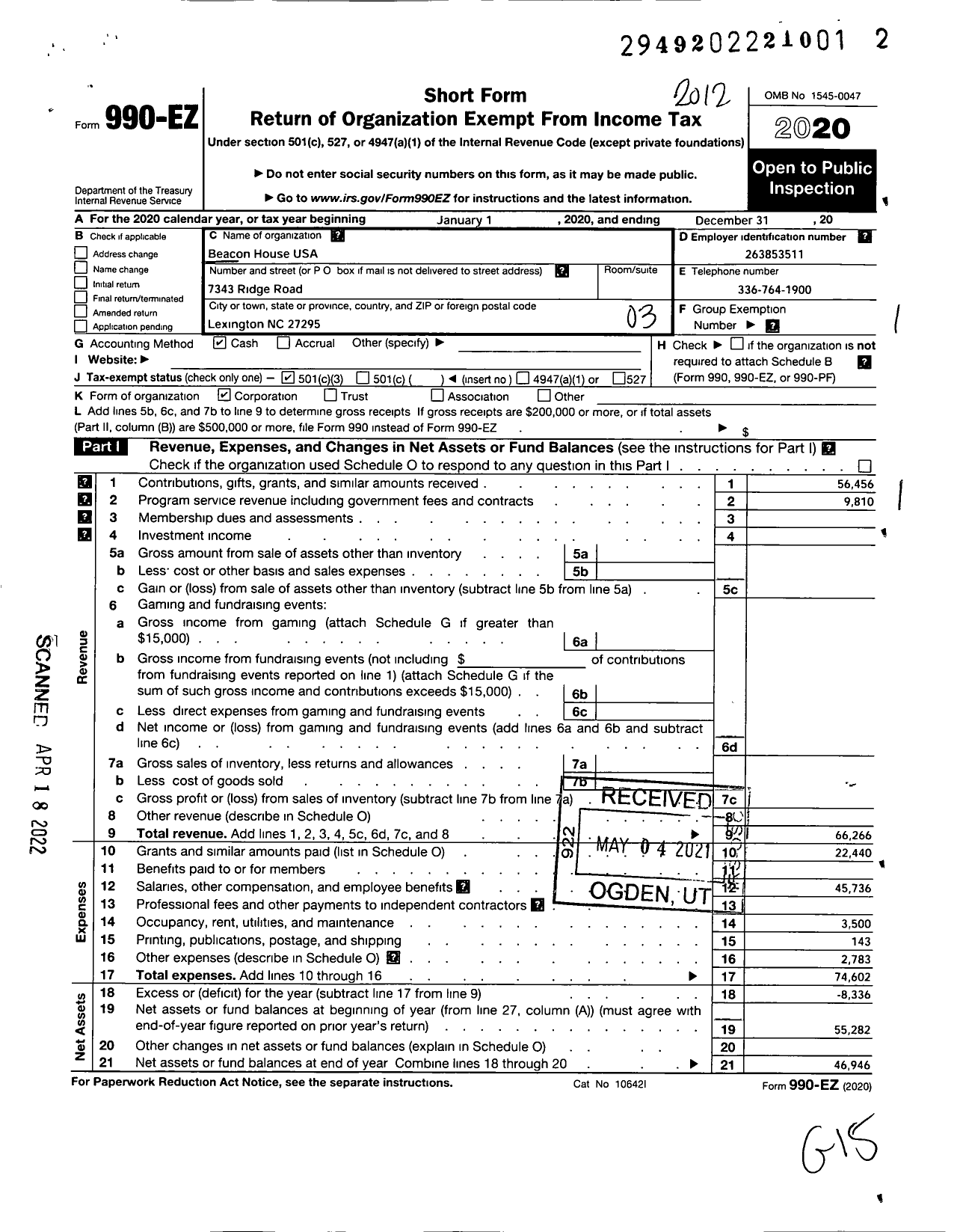 Image of first page of 2020 Form 990EZ for Beacon House USA