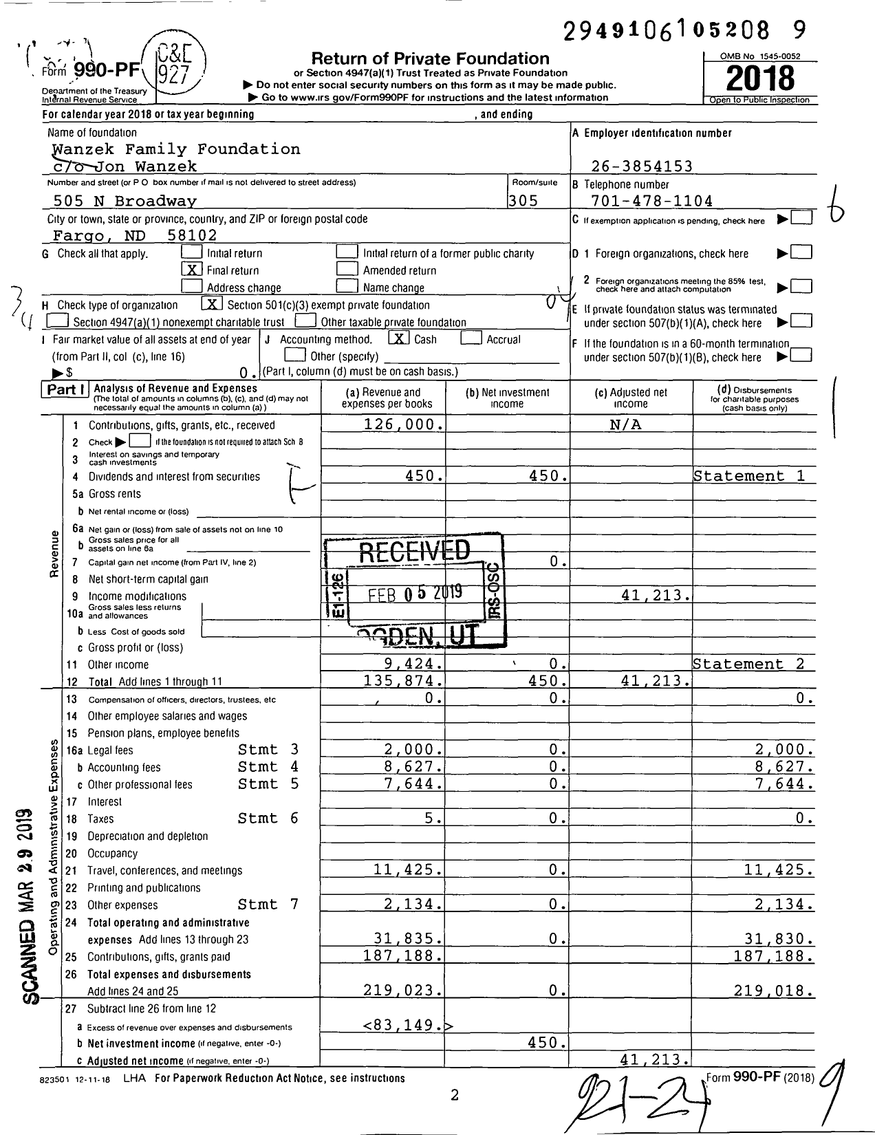 Image of first page of 2018 Form 990PF for Wanzek Family Foundation