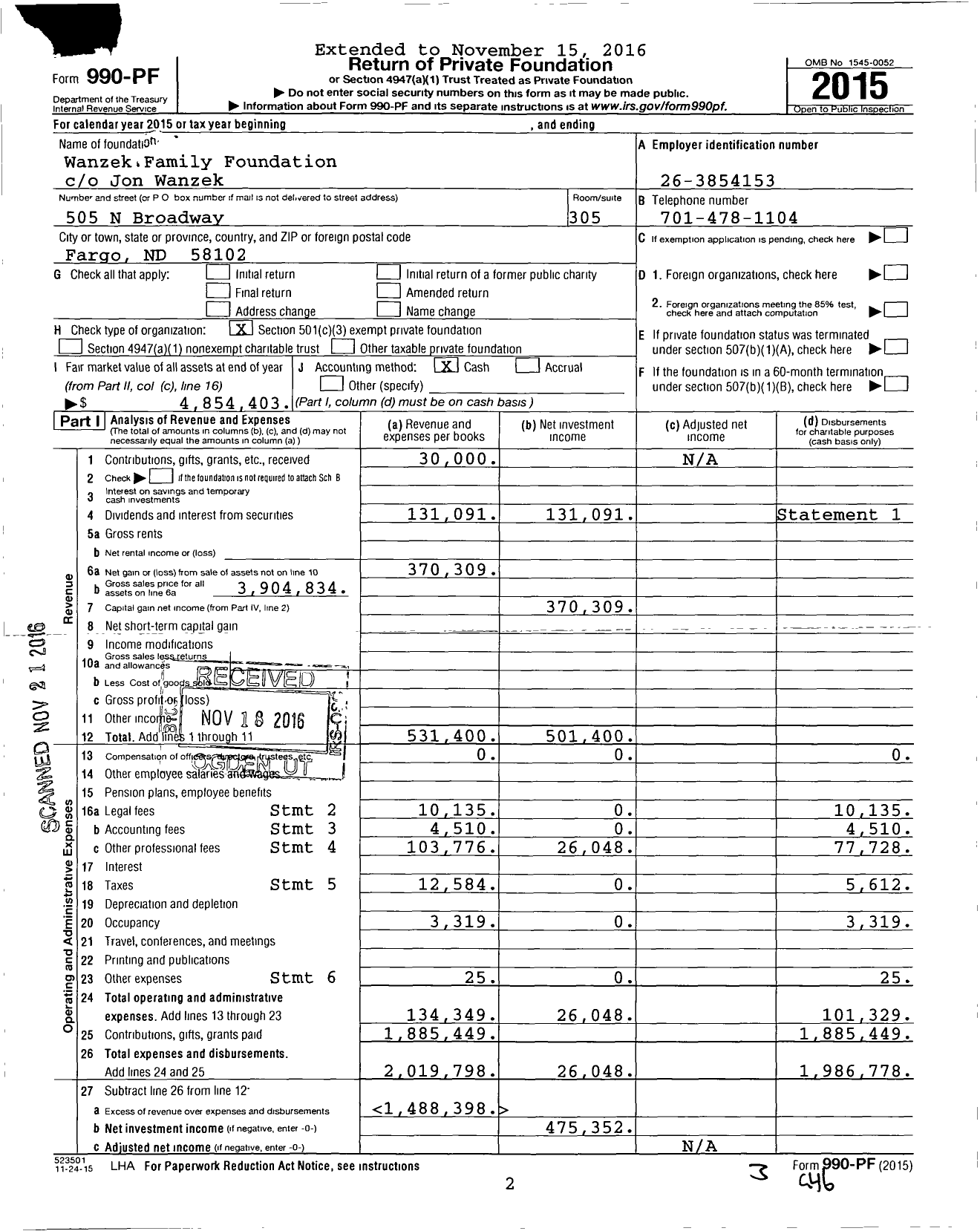Image of first page of 2015 Form 990PF for Wanzek Family Foundation