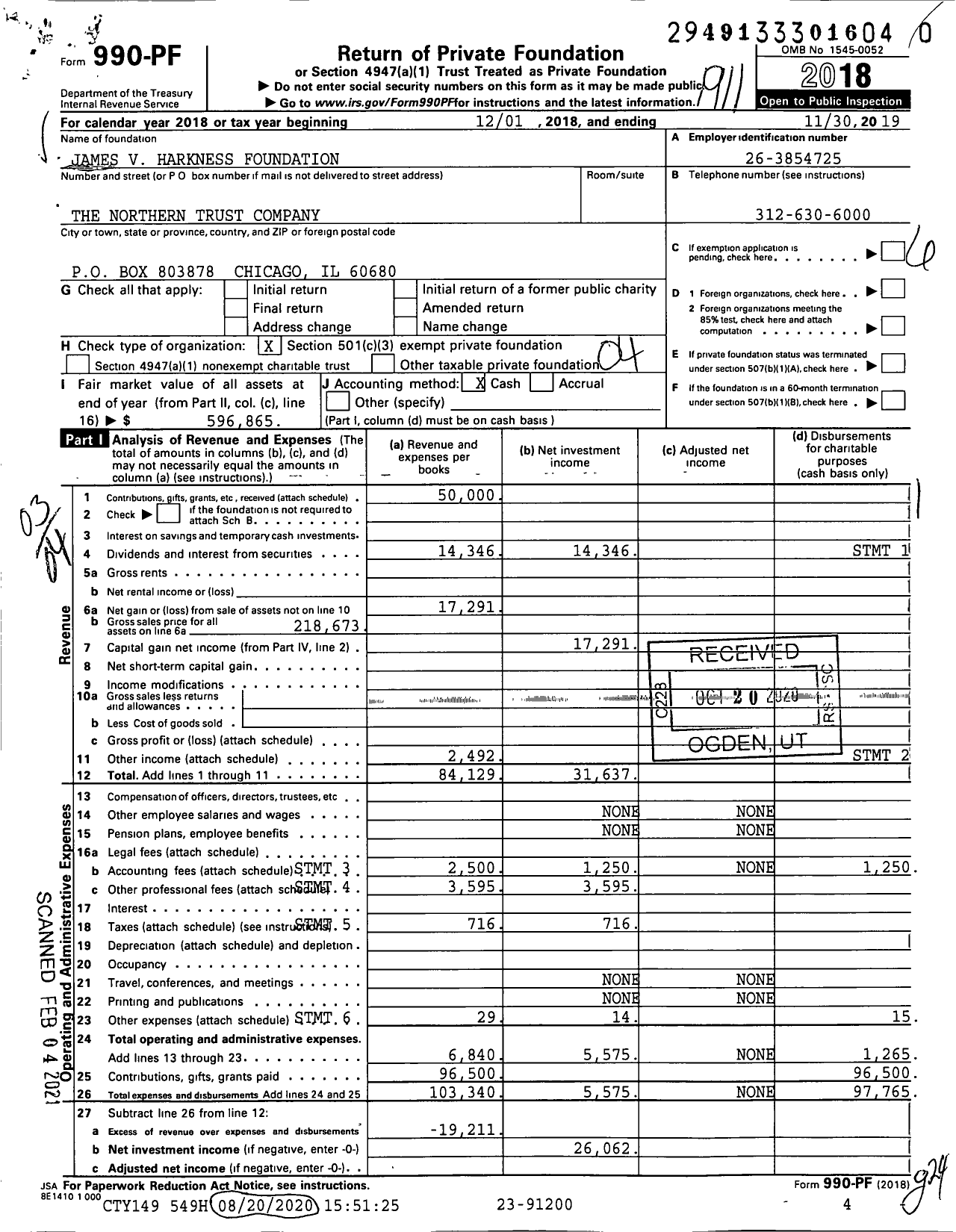 Image of first page of 2018 Form 990PF for James V Harkness Foundation