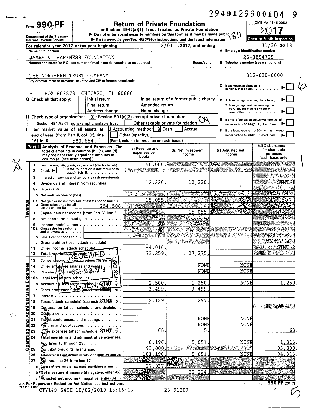 Image of first page of 2017 Form 990PF for James V Harkness Foundation