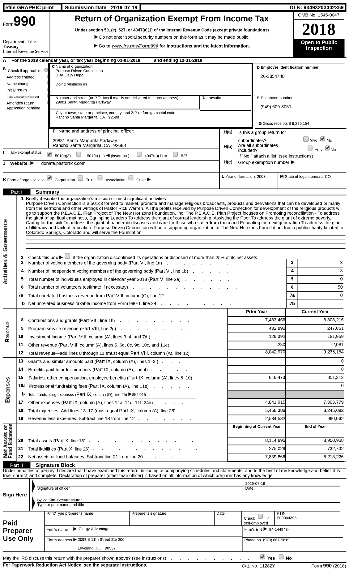 Image of first page of 2018 Form 990 for Pastor Ricks Daily Hope