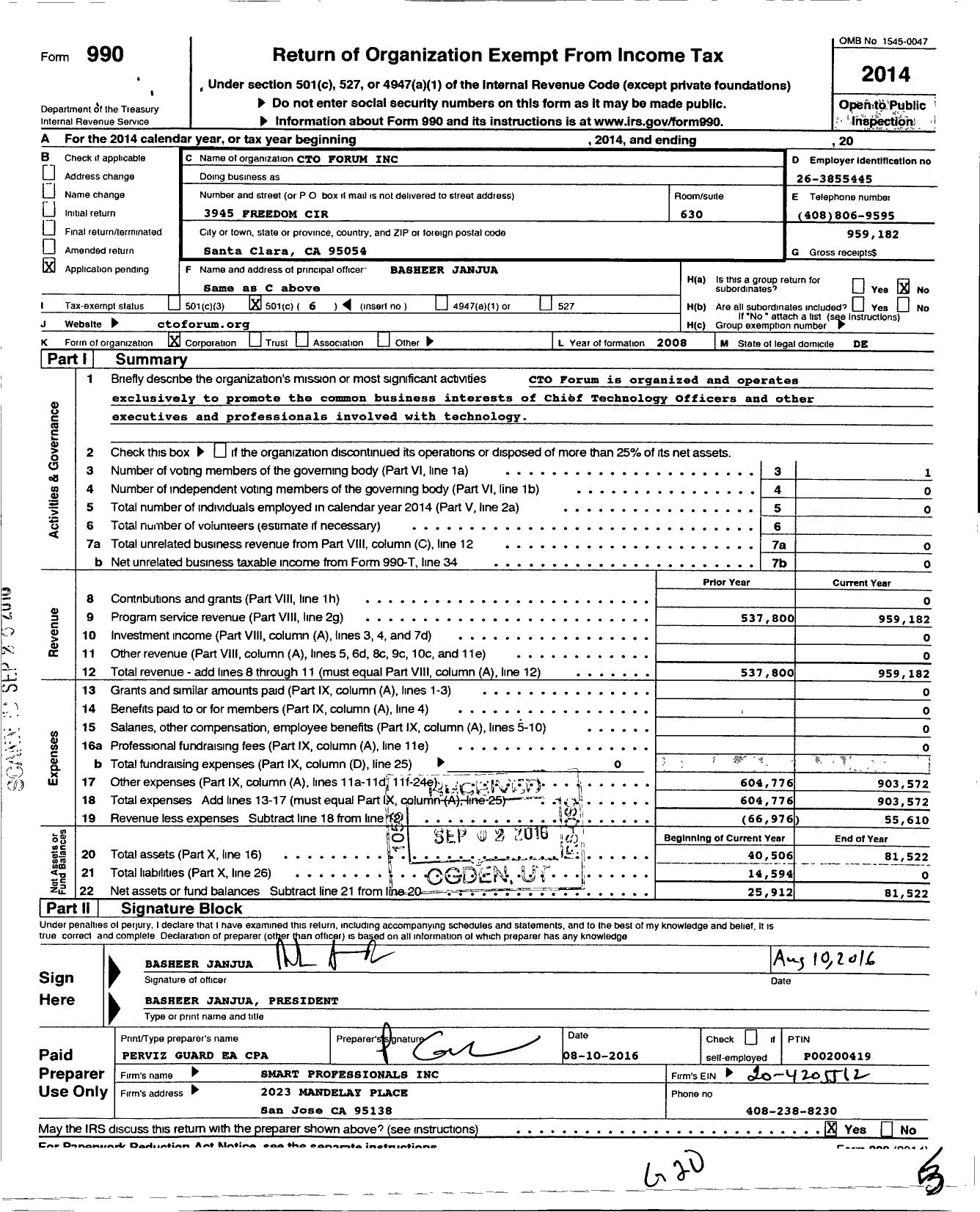 Image of first page of 2014 Form 990O for Cto Forum