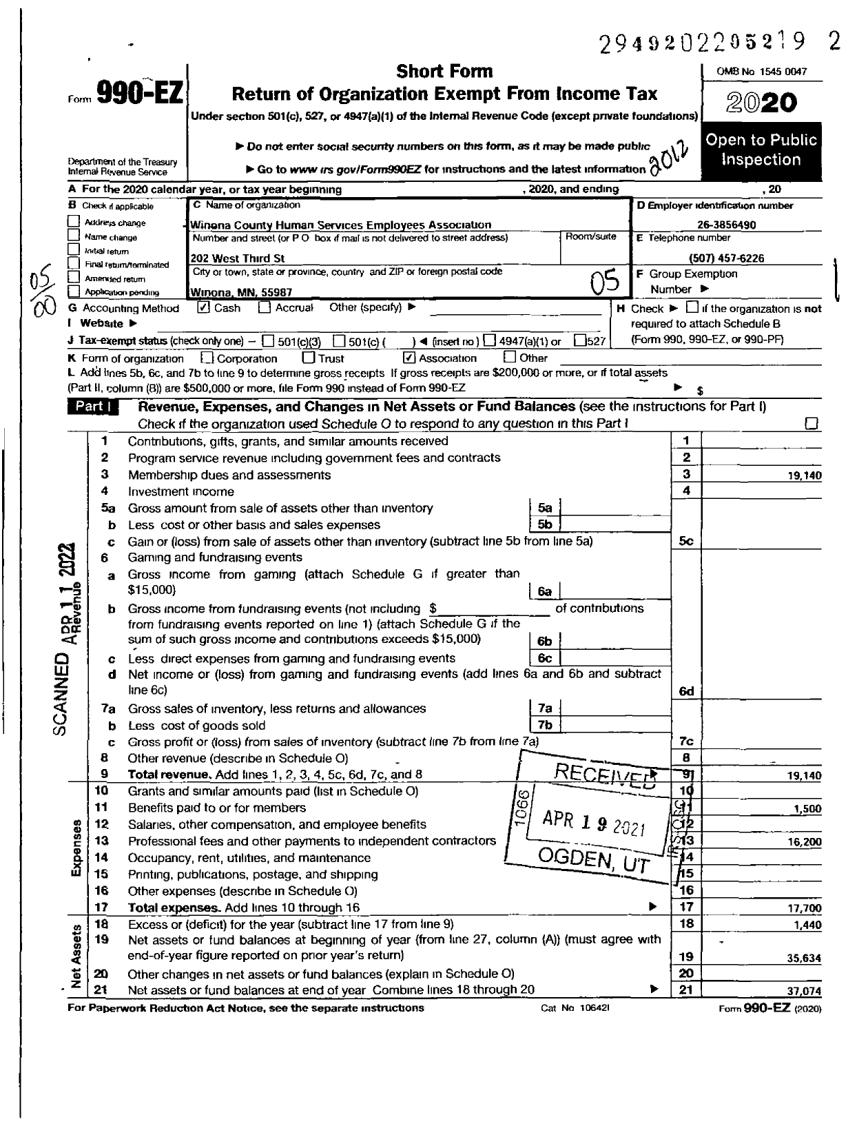 Image of first page of 2020 Form 990EO for Winona County Human Services Employees Association