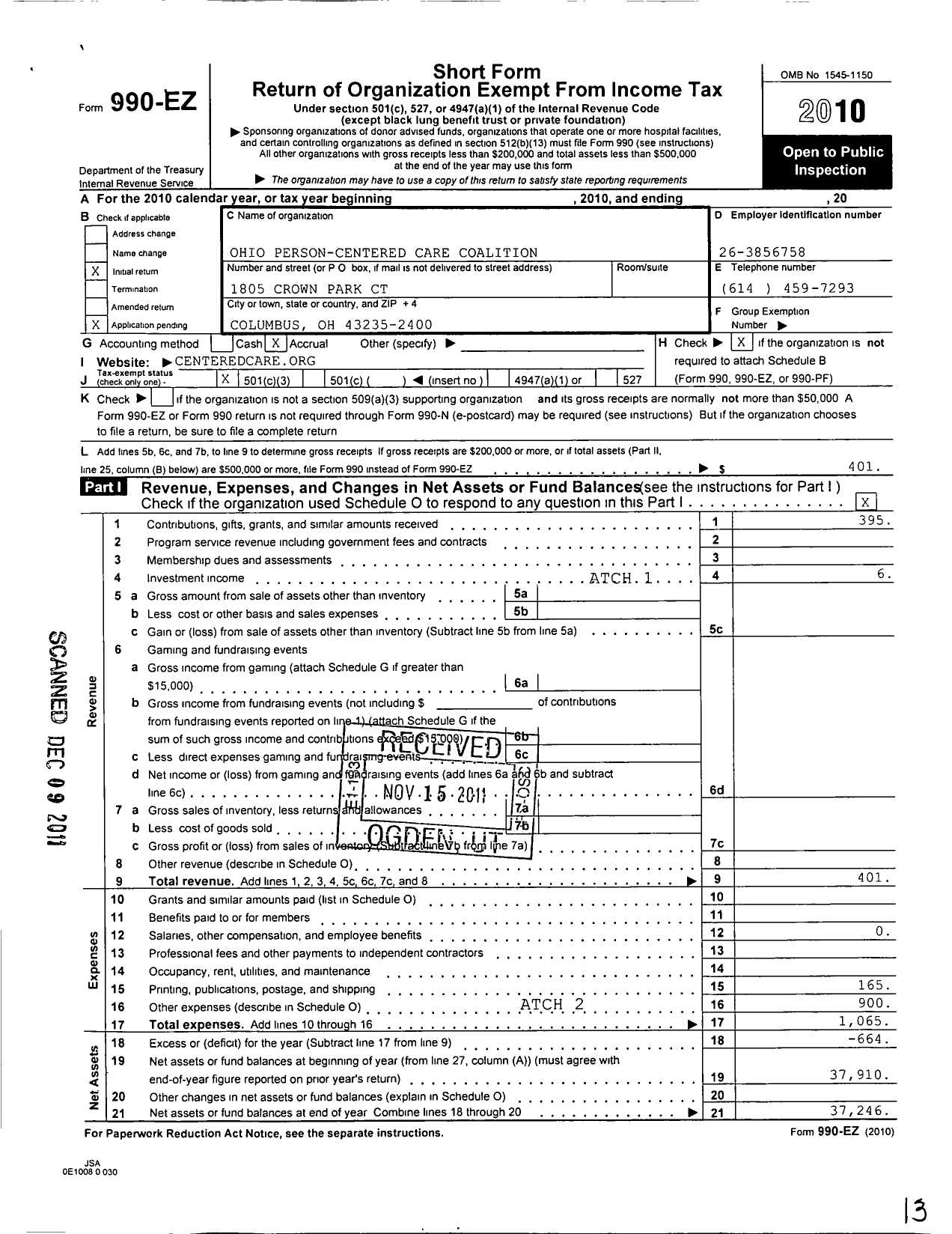 Image of first page of 2010 Form 990EZ for Ohio Person-Centered Care Coalition