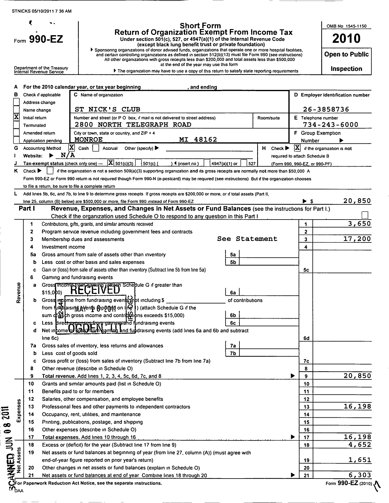 Image of first page of 2010 Form 990EZ for St Nicks Club