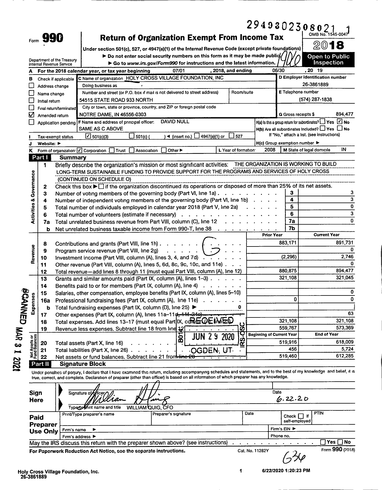 Image of first page of 2018 Form 990 for Holy Cross Village Foundation