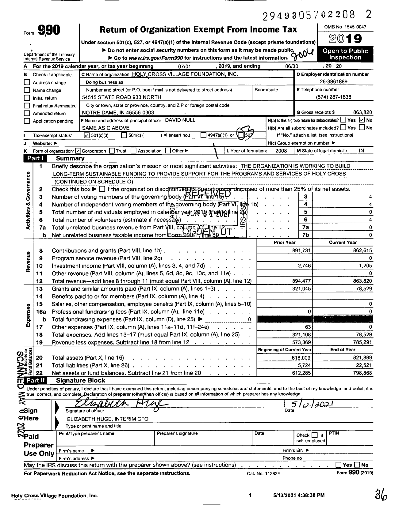 Image of first page of 2019 Form 990 for Holy Cross Village Foundation