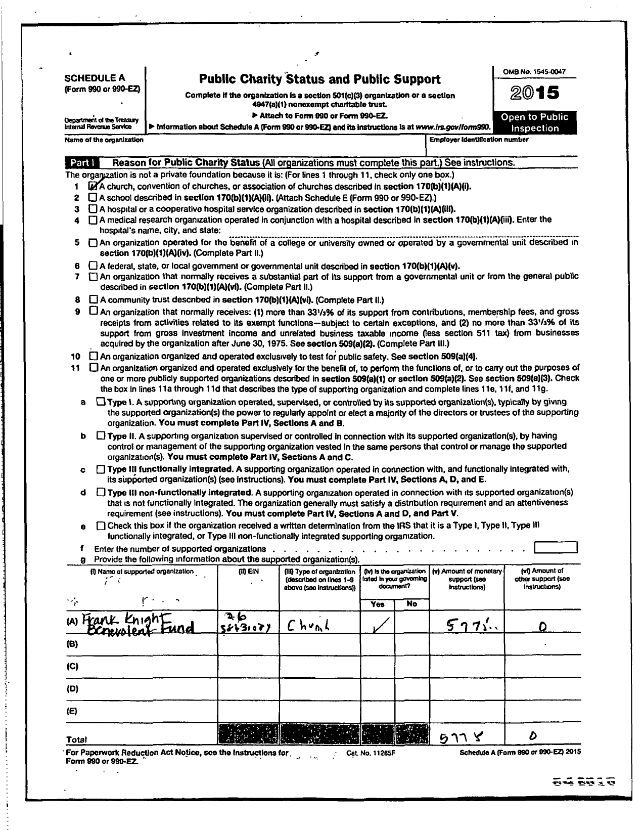 Image of first page of 2015 Form 990ER for Frank Knight Memorial
